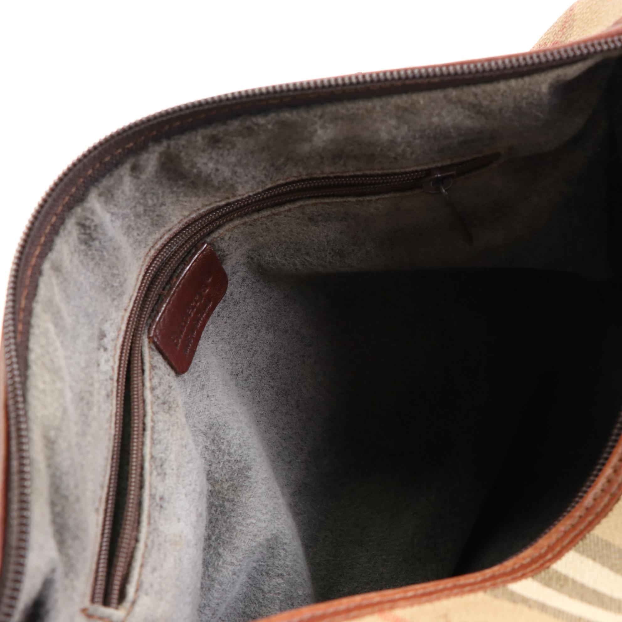 Burberrys Boston Bag in Haymarket Check Coated Canvas and Brown Leather