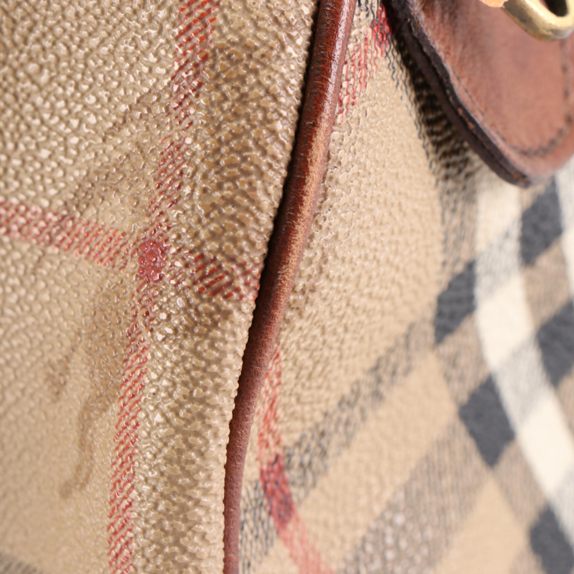 Burberrys Boston Bag in Haymarket Check Coated Canvas and Brown Leather