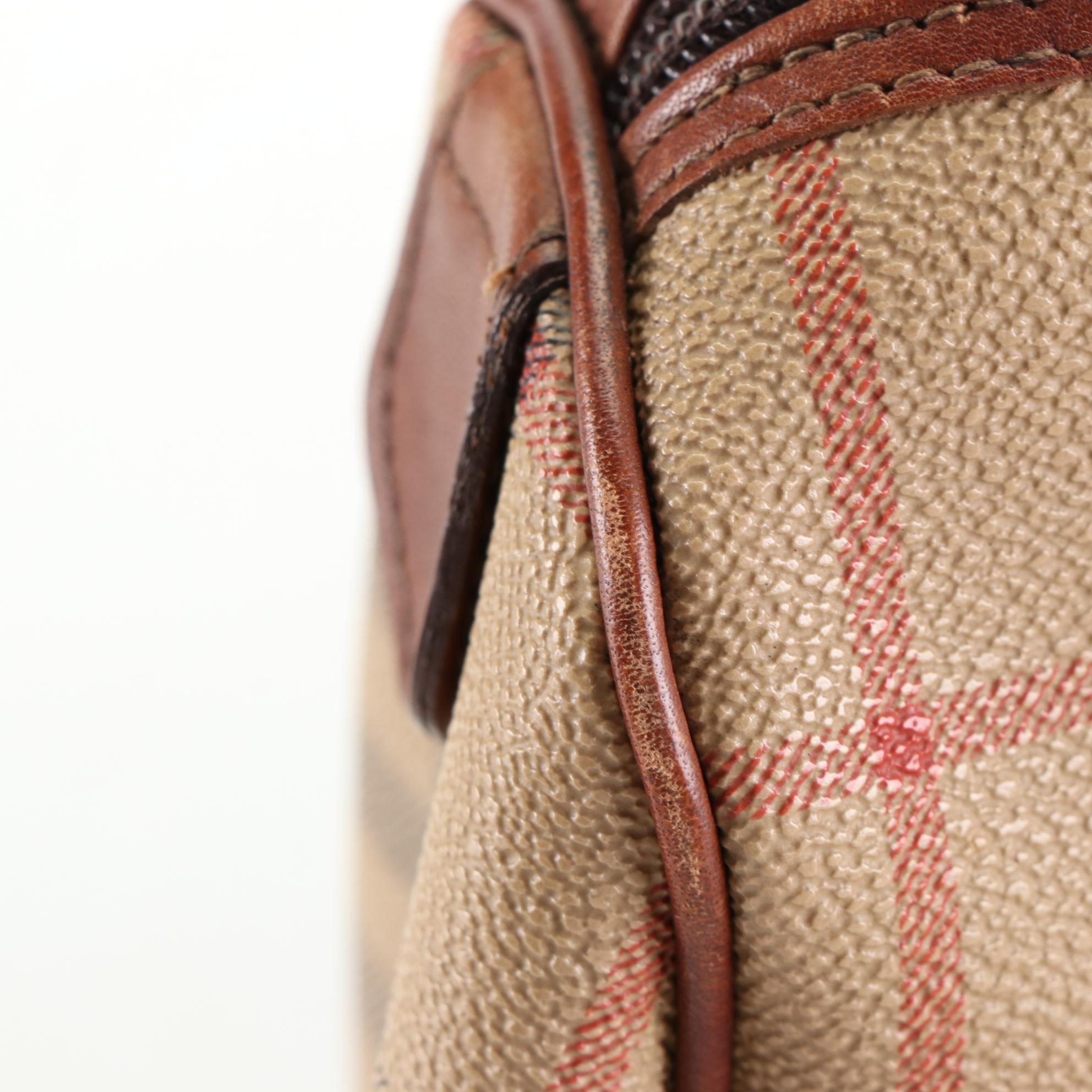 Burberrys Boston Bag in Haymarket Check Coated Canvas and Brown Leather