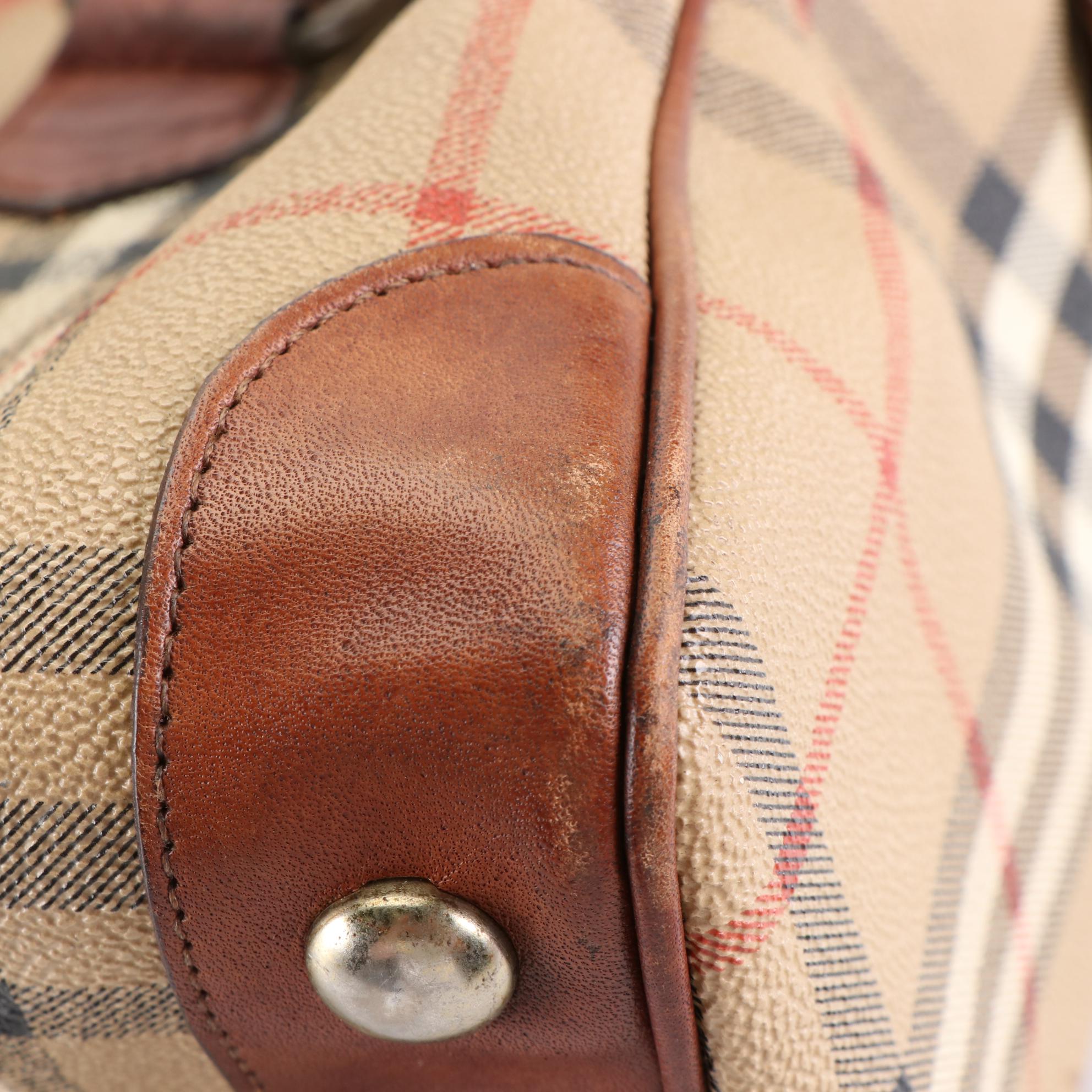 Burberrys Boston Bag in Haymarket Check Coated Canvas and Brown Leather