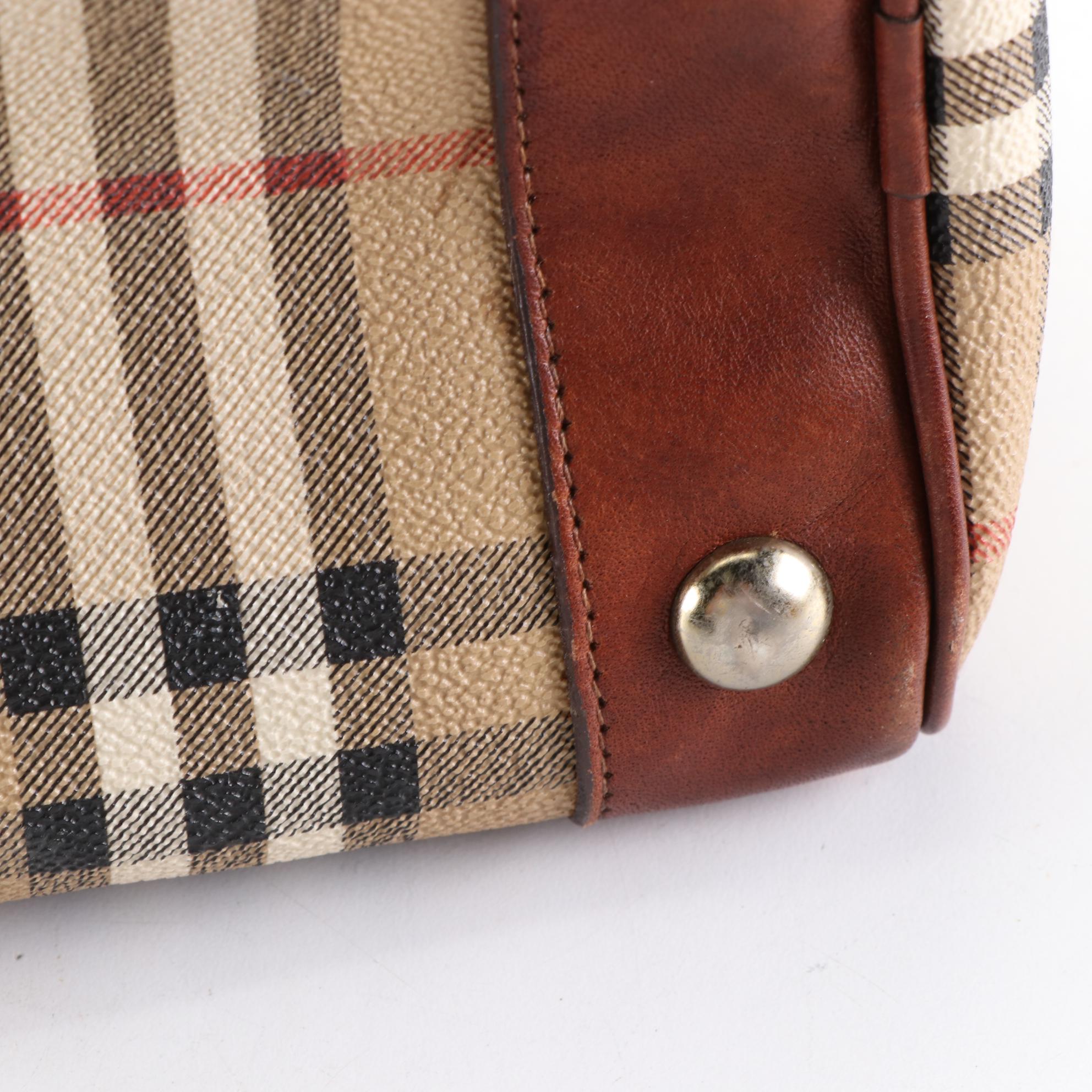 Burberrys Boston Bag in Haymarket Check Coated Canvas and Brown Leather