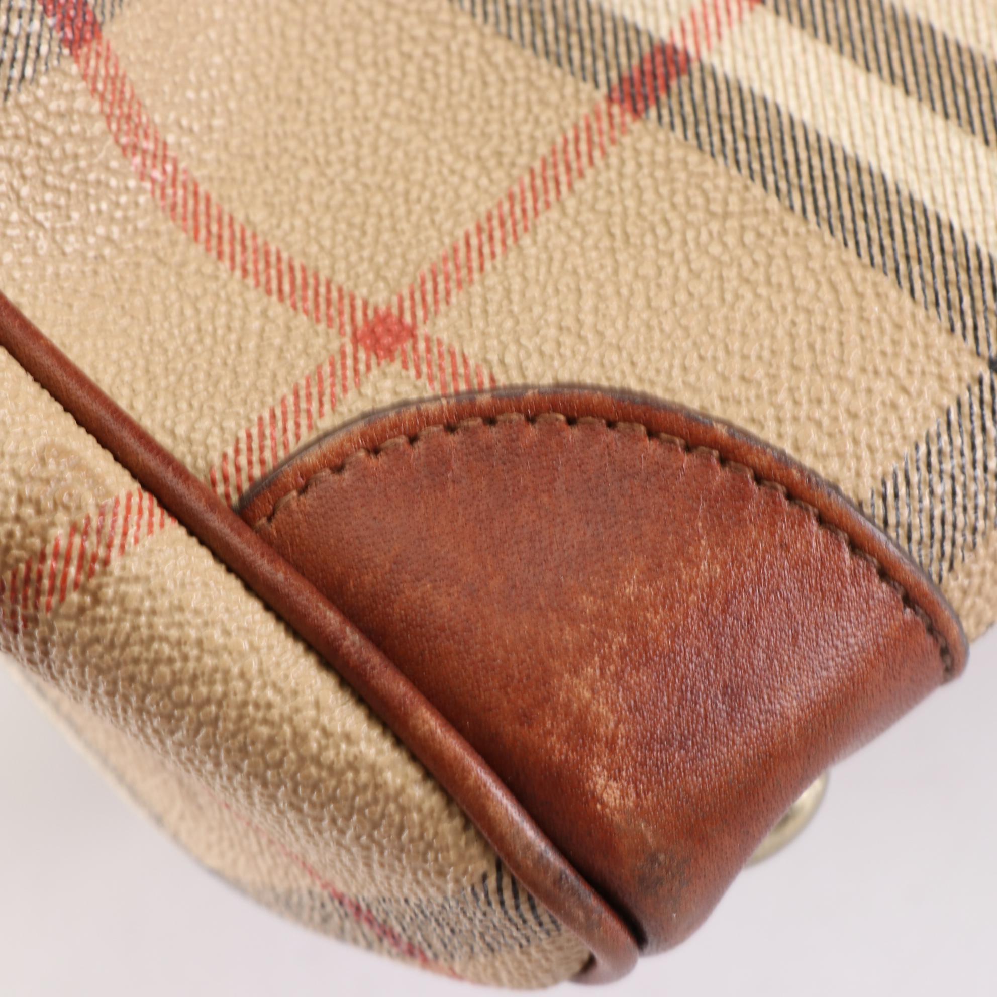 Burberrys Boston Bag in Haymarket Check Coated Canvas and Brown Leather