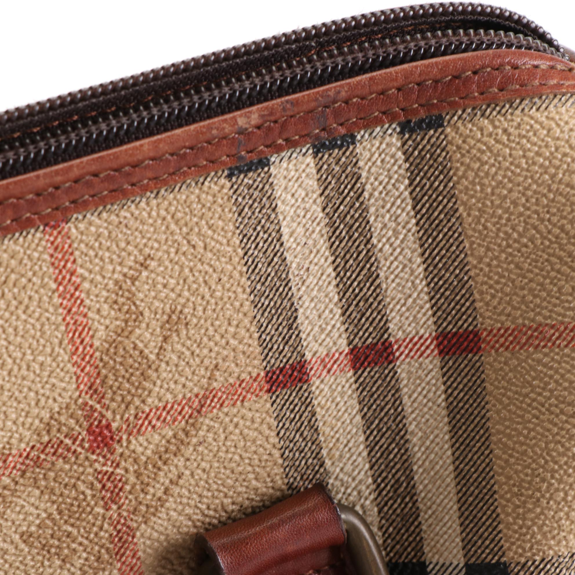 Burberrys Boston Bag in Haymarket Check Coated Canvas and Brown Leather
