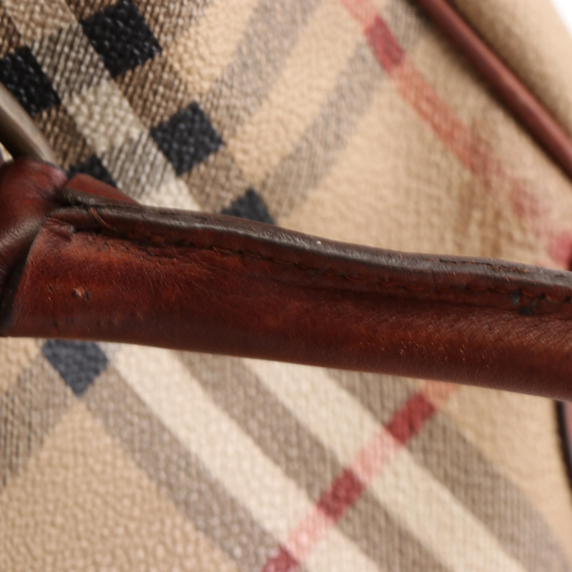 Burberrys Boston Bag in Haymarket Check Coated Canvas and Brown Leather