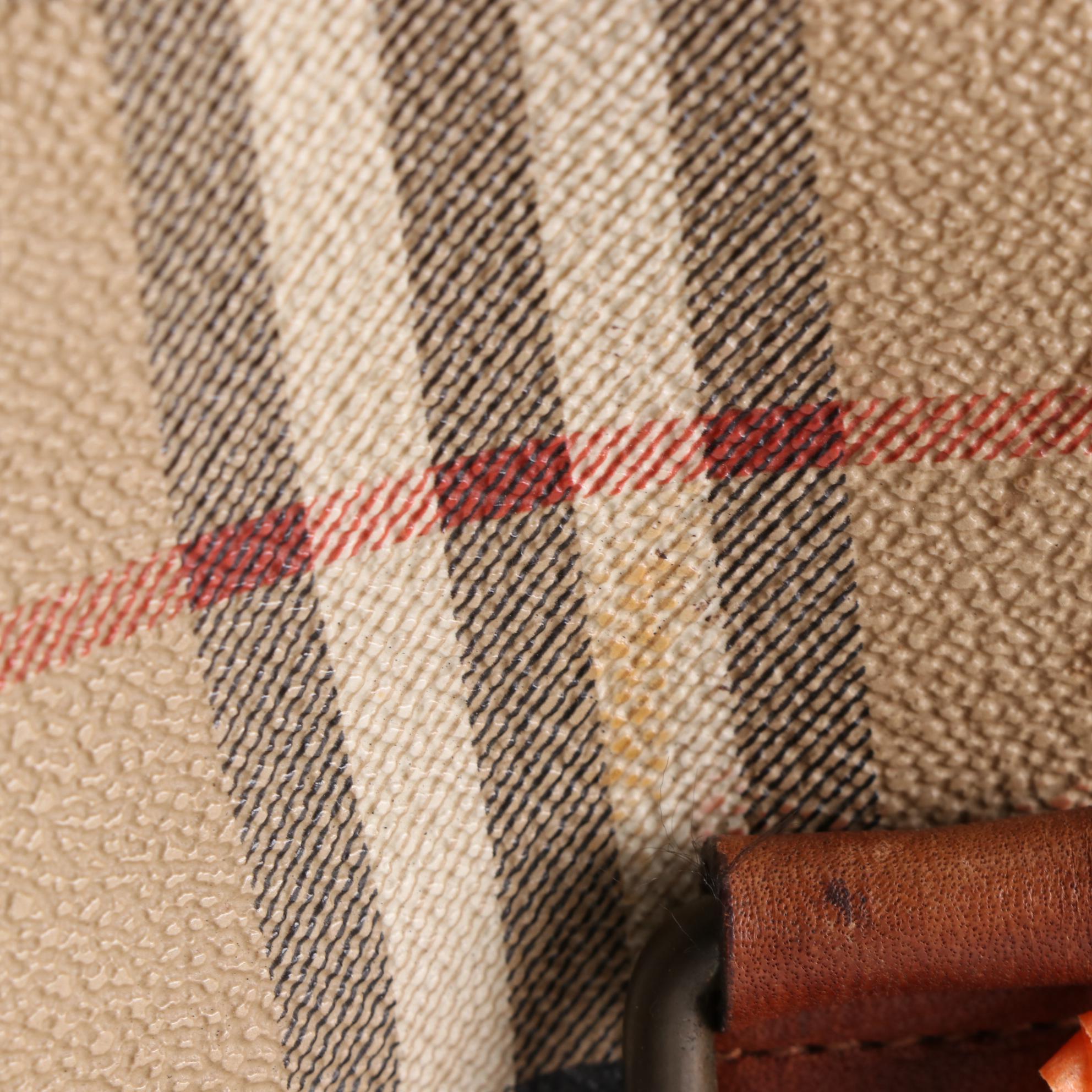 Burberrys Boston Bag in Haymarket Check Coated Canvas and Brown Leather