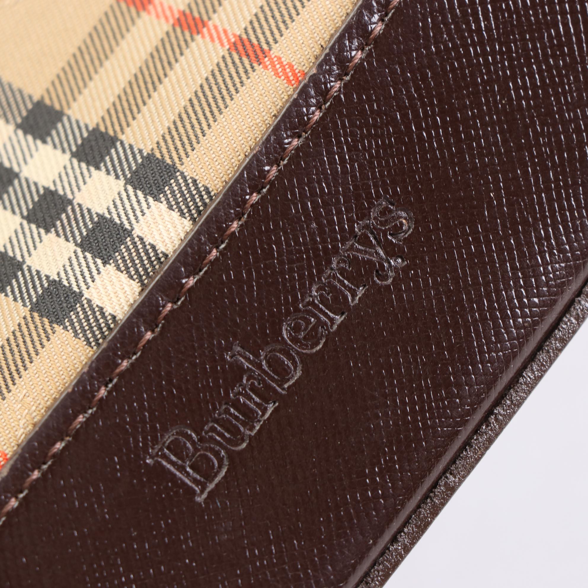 Burberry Tote in Haymarket Check Canvas and Brown Cross Grain Textured Leather