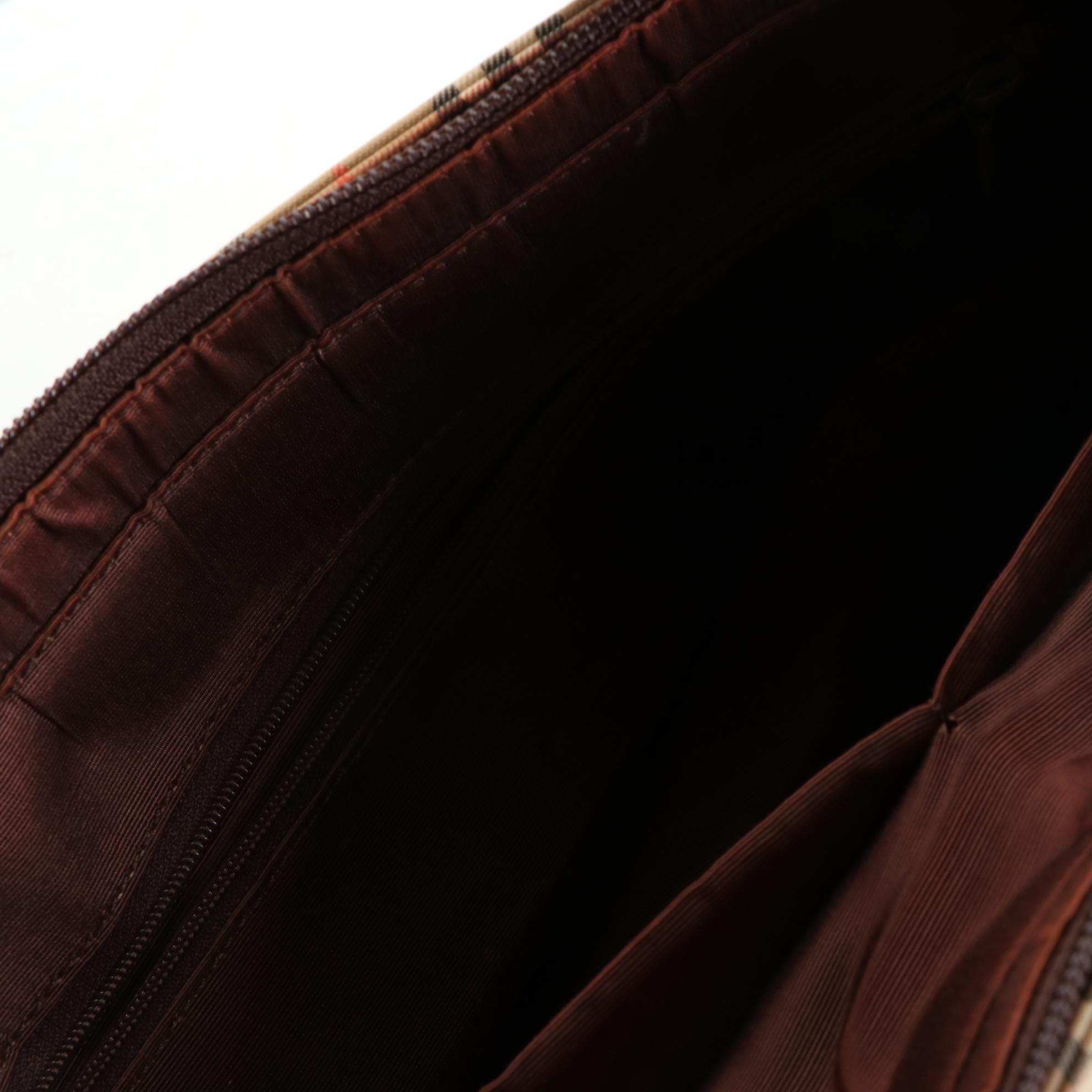 Burberry Tote in Haymarket Check Canvas and Brown Cross Grain Textured Leather