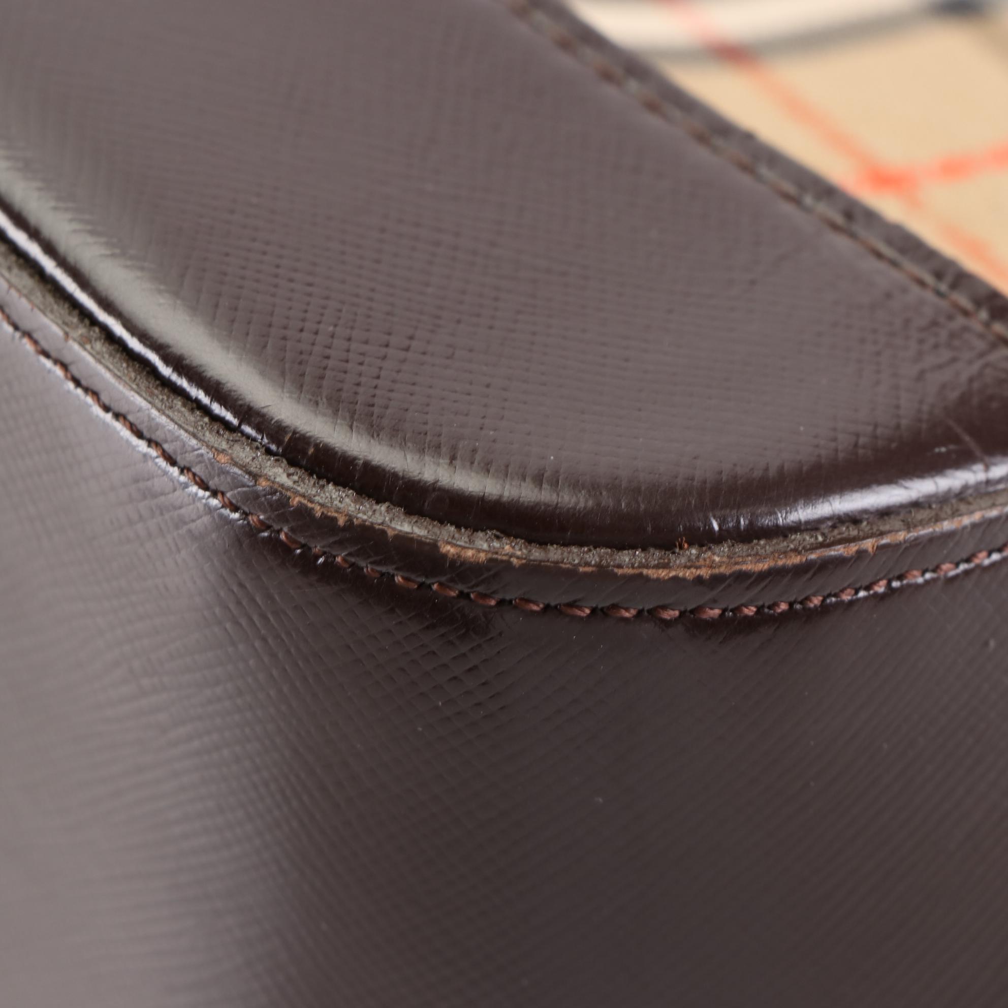 Burberry Tote in Haymarket Check Canvas and Brown Cross Grain Textured Leather