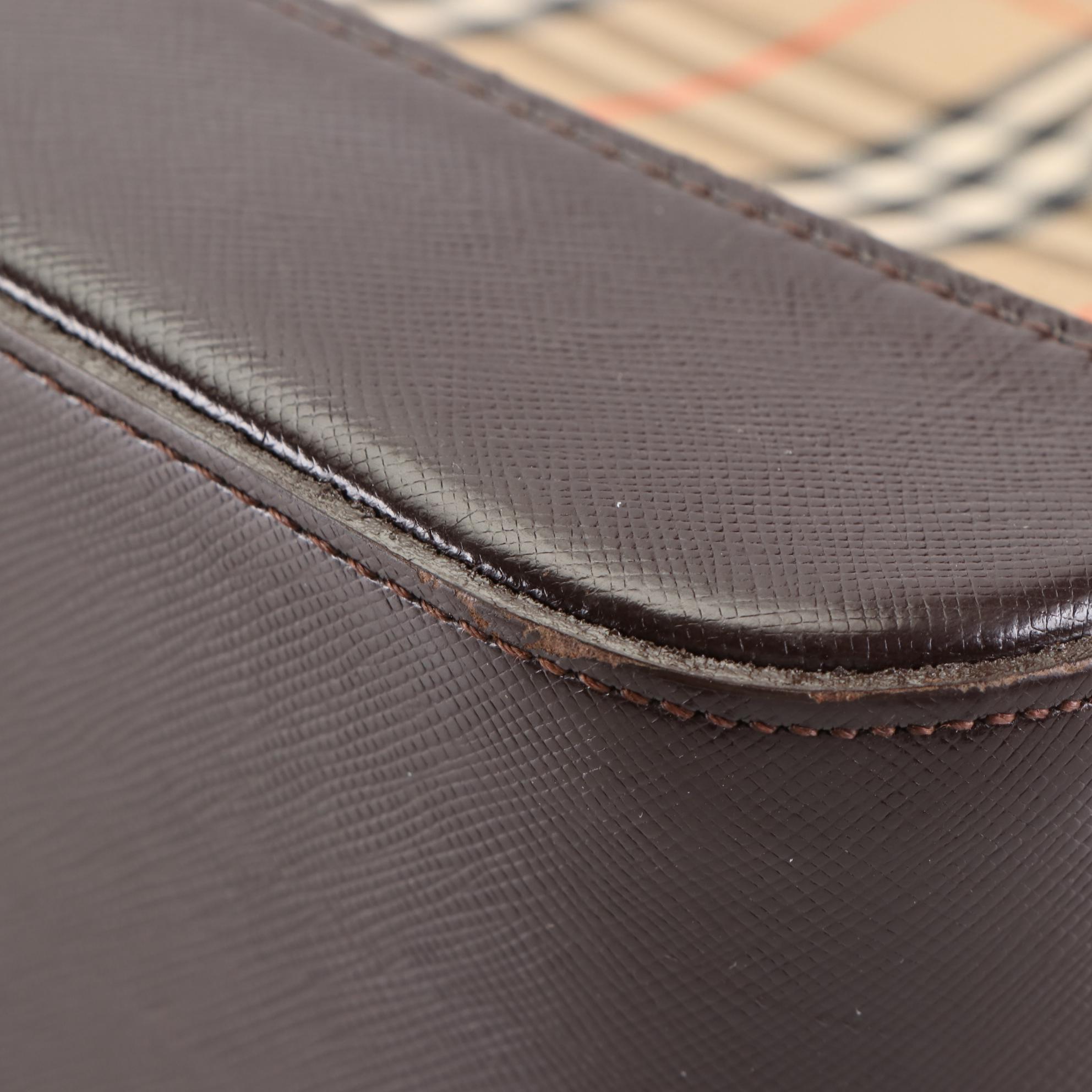 Burberry Tote in Haymarket Check Canvas and Brown Cross Grain Textured Leather