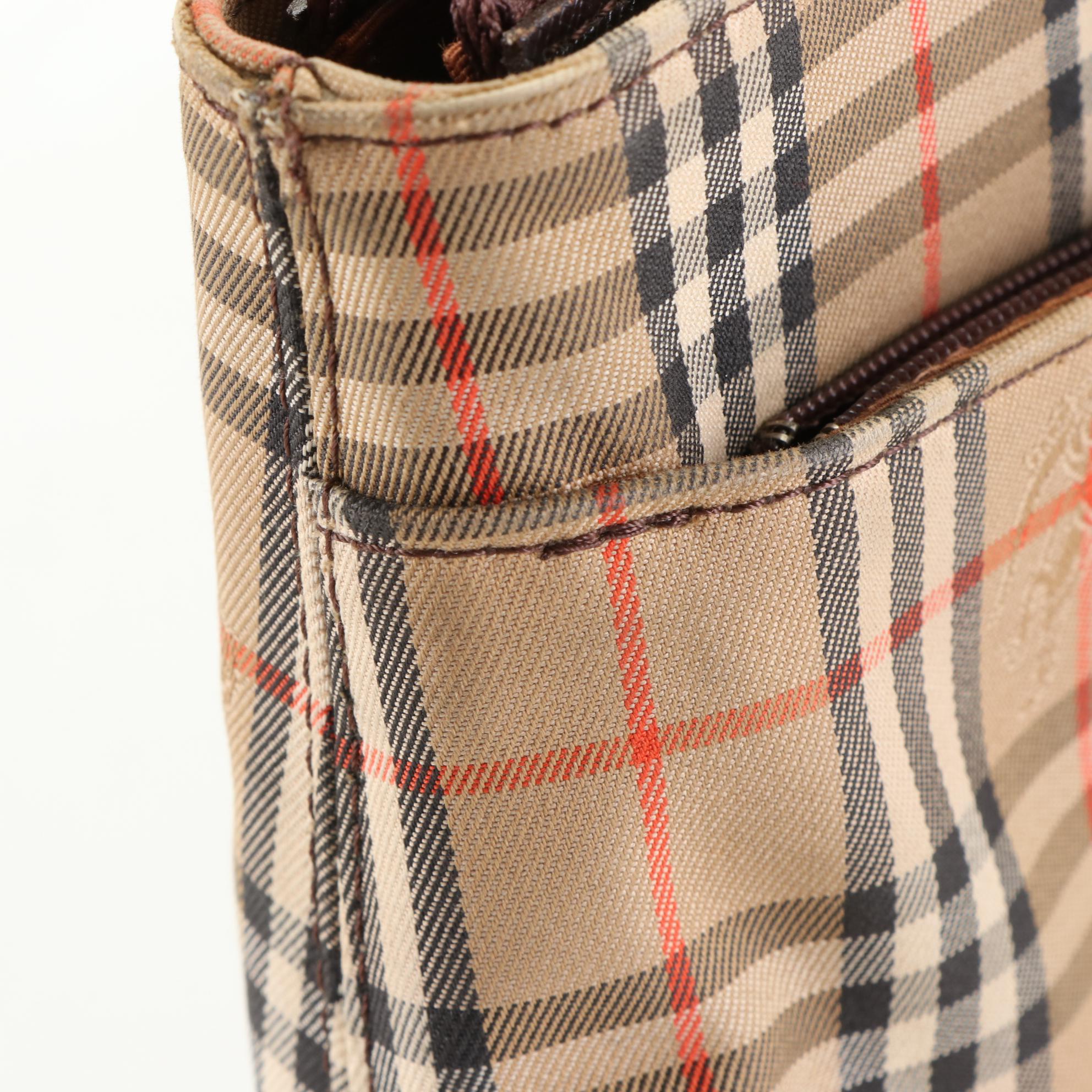 Burberry Tote in Haymarket Check Canvas and Brown Cross Grain Textured Leather