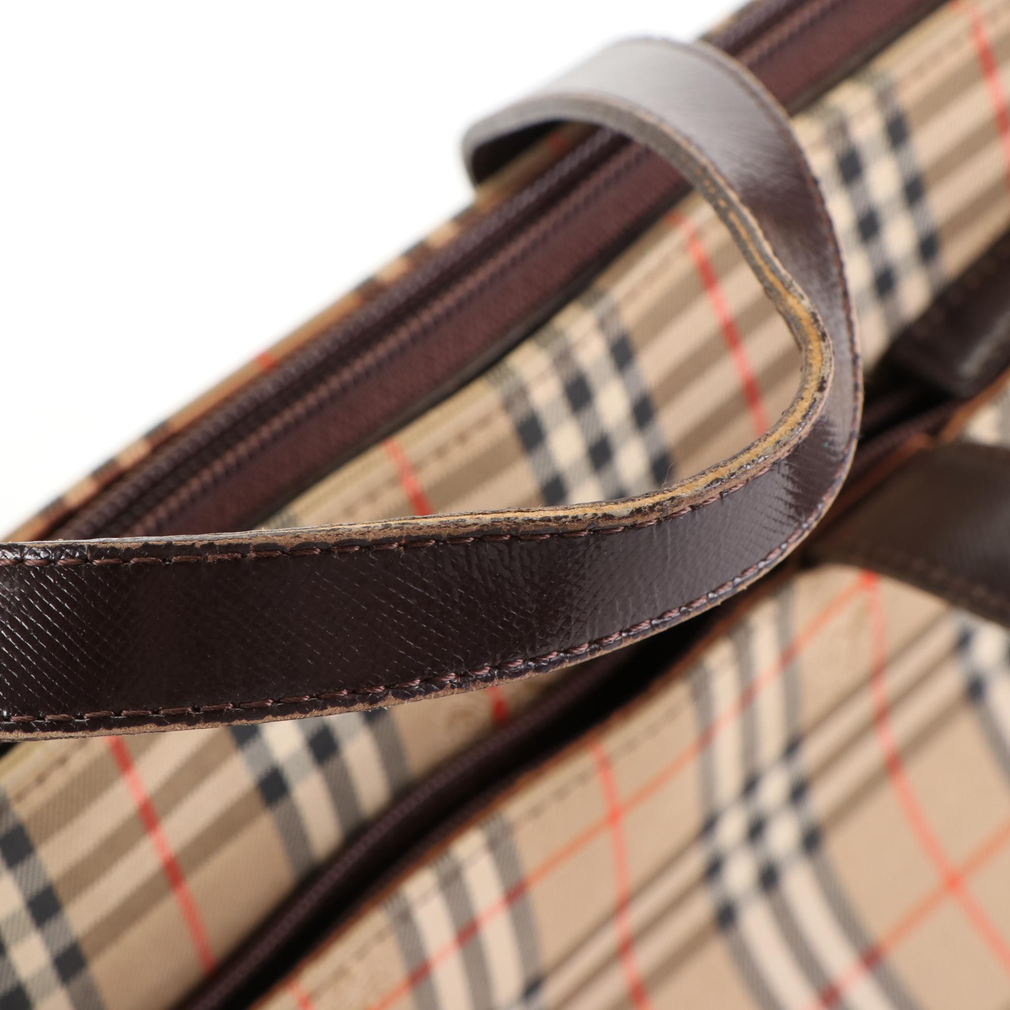 Burberry Tote in Haymarket Check Canvas and Brown Cross Grain Textured Leather