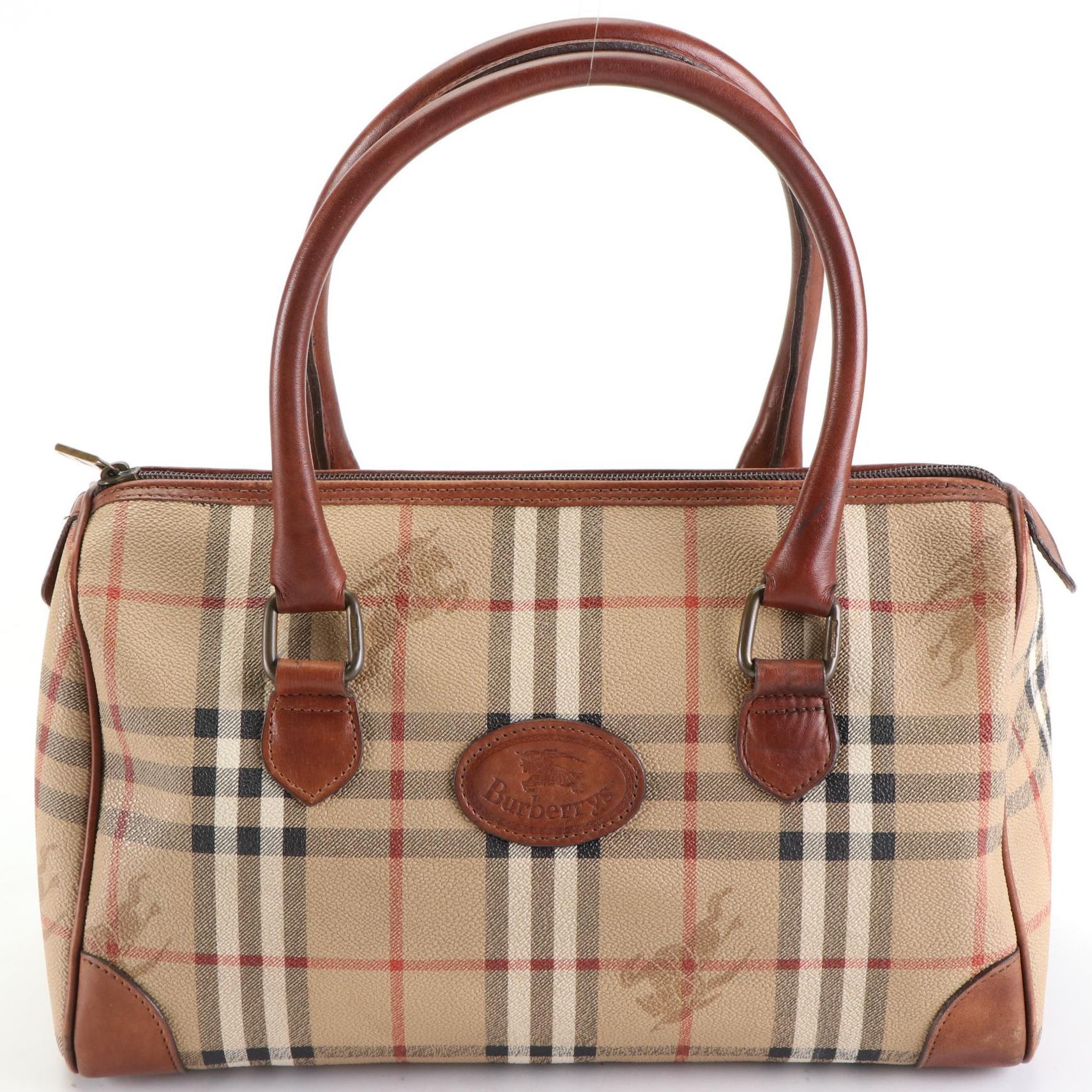 Burberrys Boston Bag in Haymarket Check Coated Canvas and Brown Leather