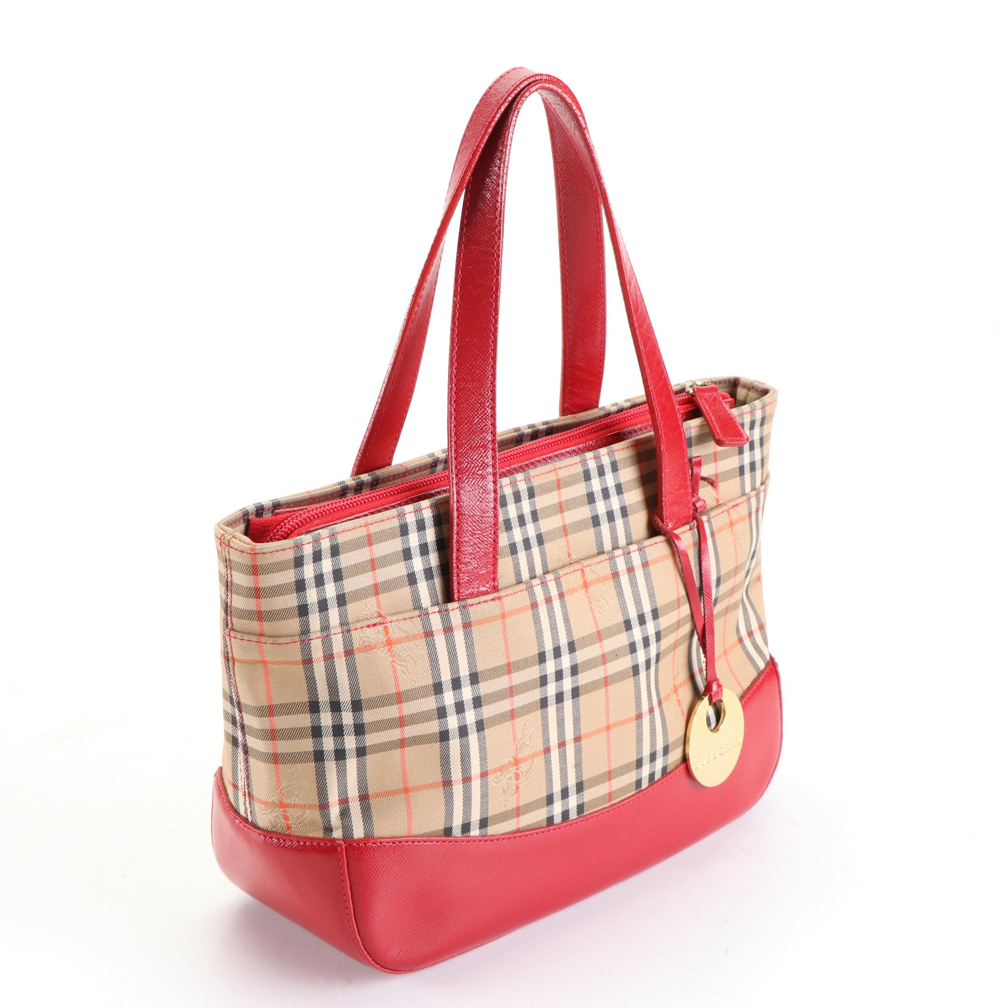 Burberry Tote in Haymarket Check Canvas and Red Cross Grain Textured Leather