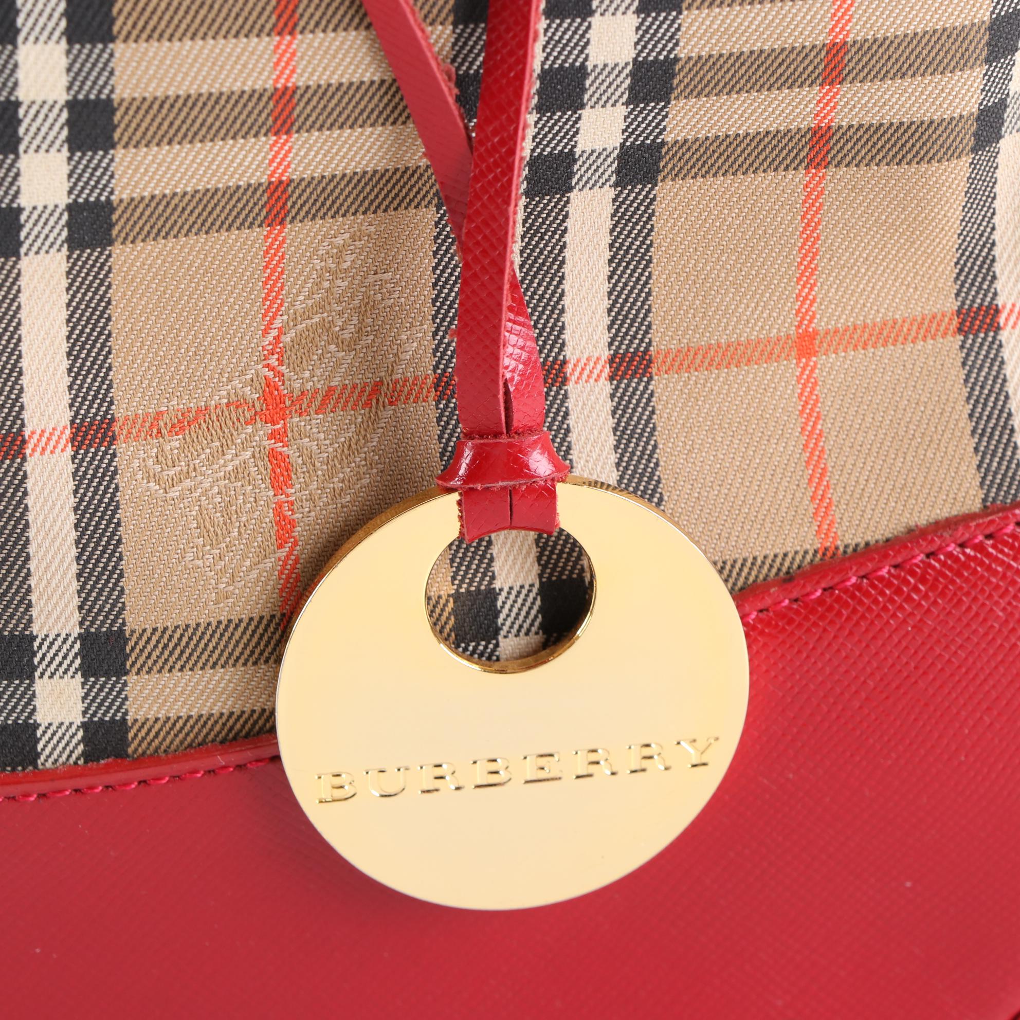 Burberry Tote in Haymarket Check Canvas and Red Cross Grain Textured Leather
