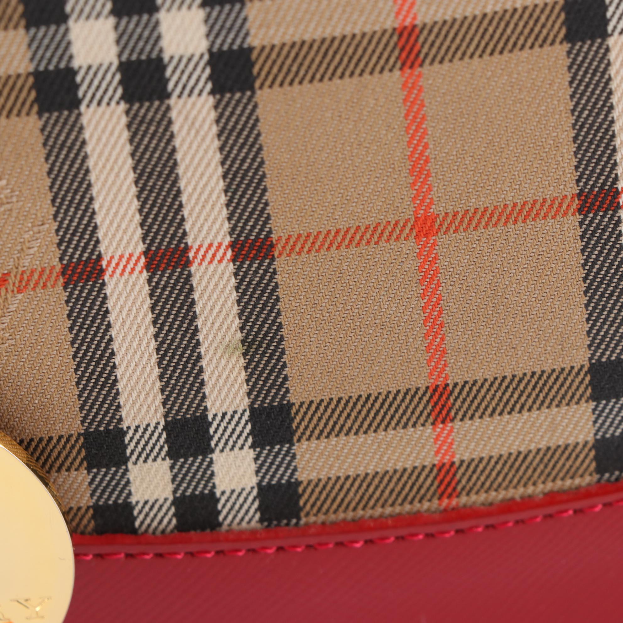 Burberry Tote in Haymarket Check Canvas and Red Cross Grain Textured Leather