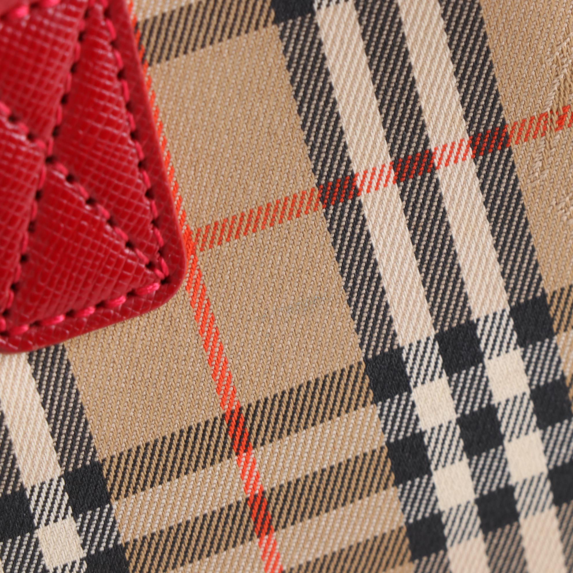 Burberry Tote in Haymarket Check Canvas and Red Cross Grain Textured Leather