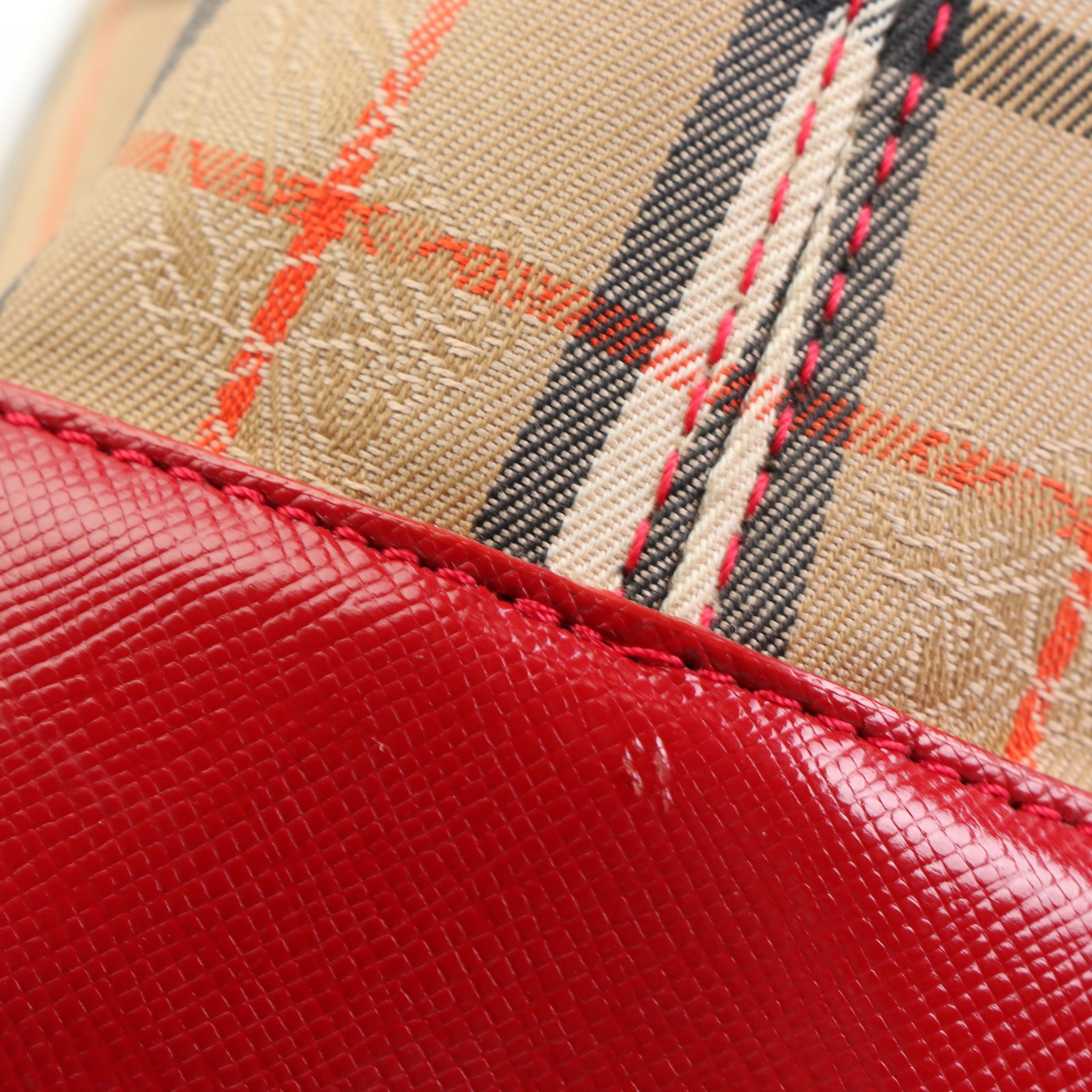 Burberry Tote in Haymarket Check Canvas and Red Cross Grain Textured Leather
