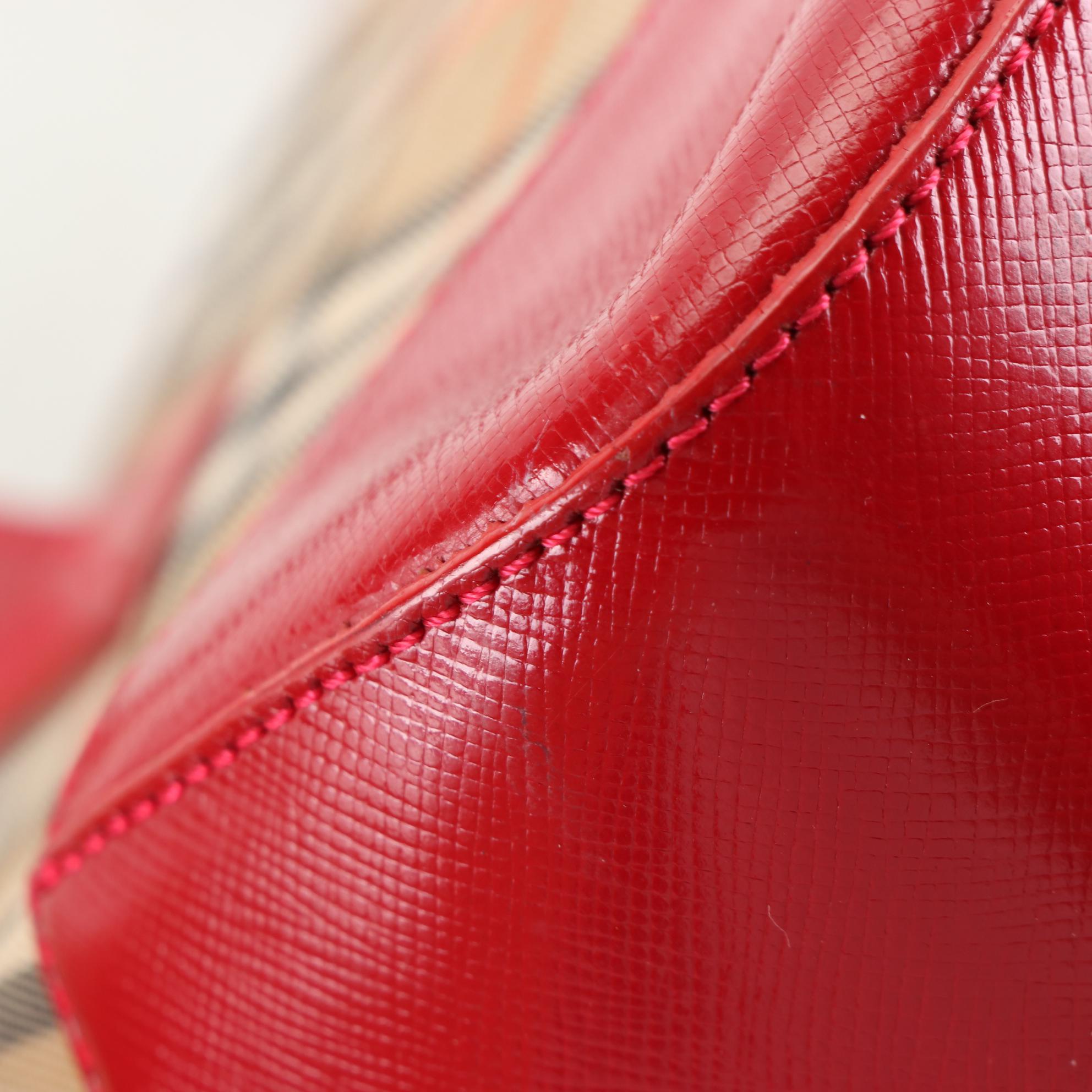Burberry Tote in Haymarket Check Canvas and Red Cross Grain Textured Leather