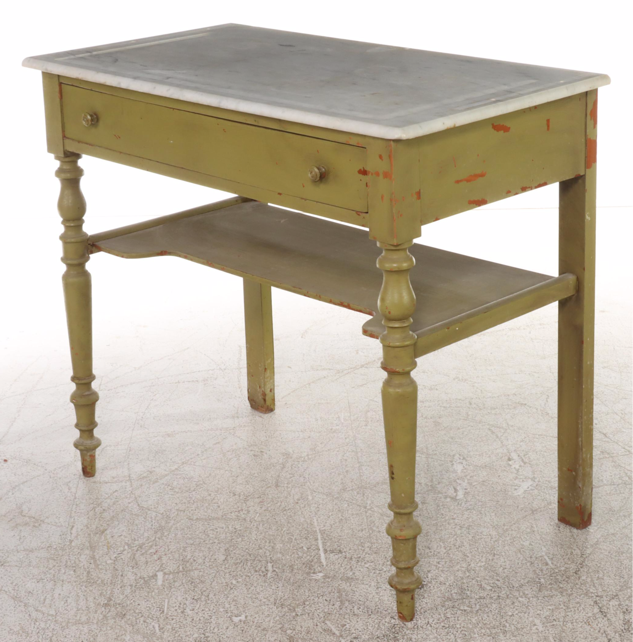 French Painted Fruitwood & White Marble Washstand, Late 19th/Early 20th Century