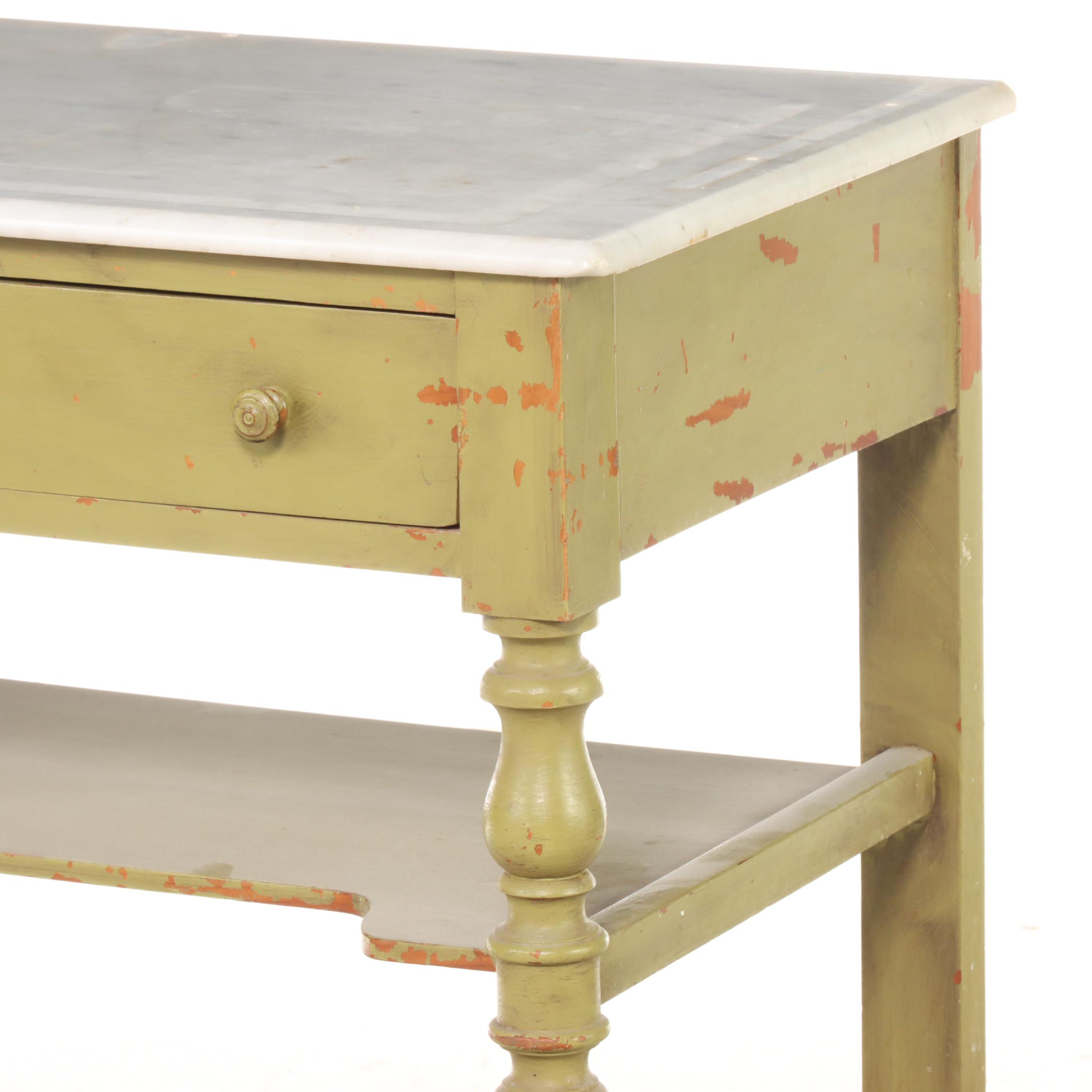 French Painted Fruitwood & White Marble Washstand, Late 19th/Early 20th Century