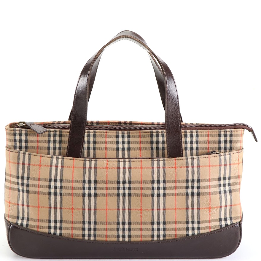 Burberry Tote in Haymarket Check Canvas and Brown Cross Grain Textured Leather