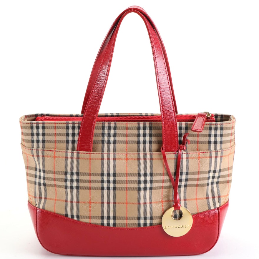 Burberry Tote in Haymarket Check Canvas and Red Cross Grain Textured Leather