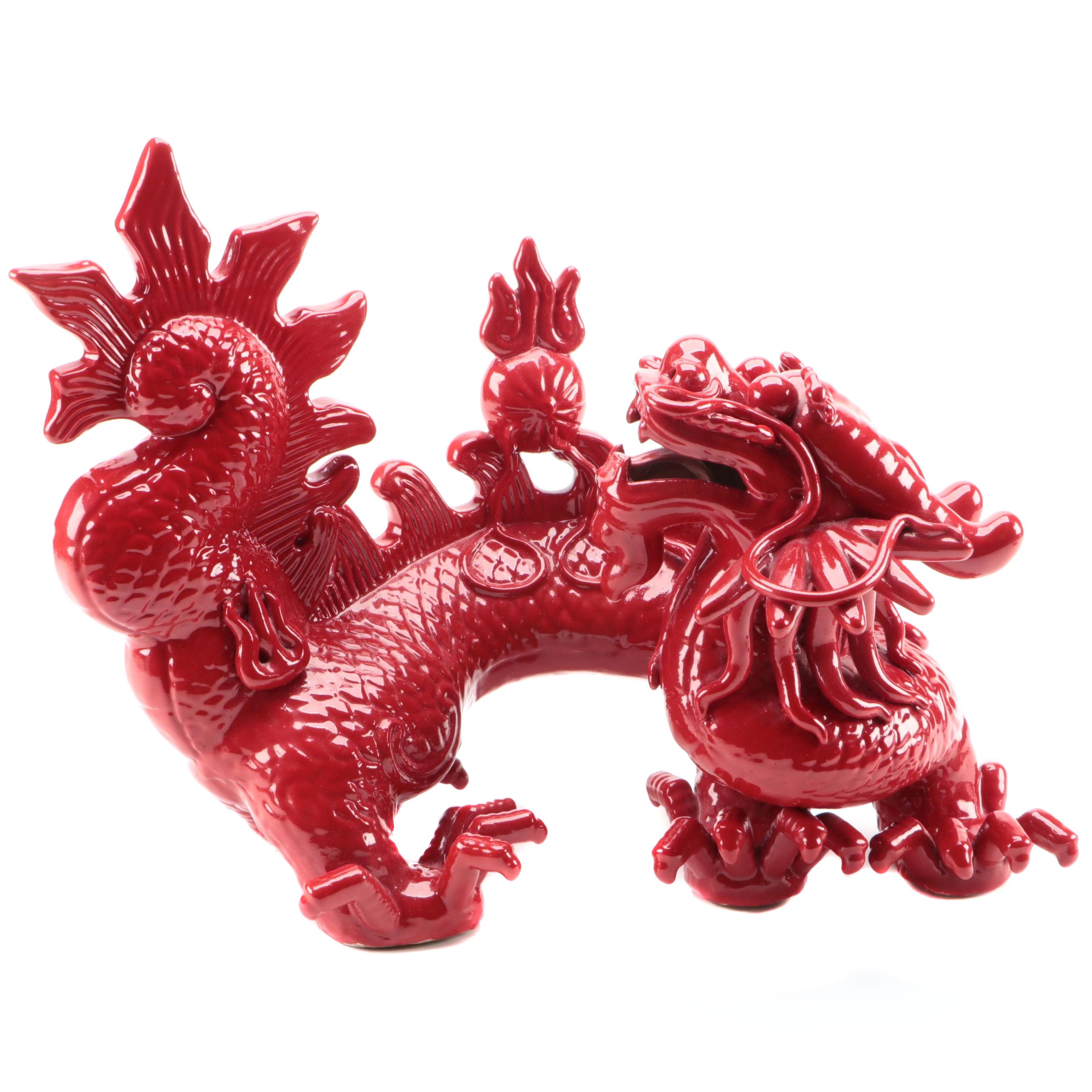 Chinese Red Glazed Ceramic Dragon Chasing Pearl Centerpiece Figurine