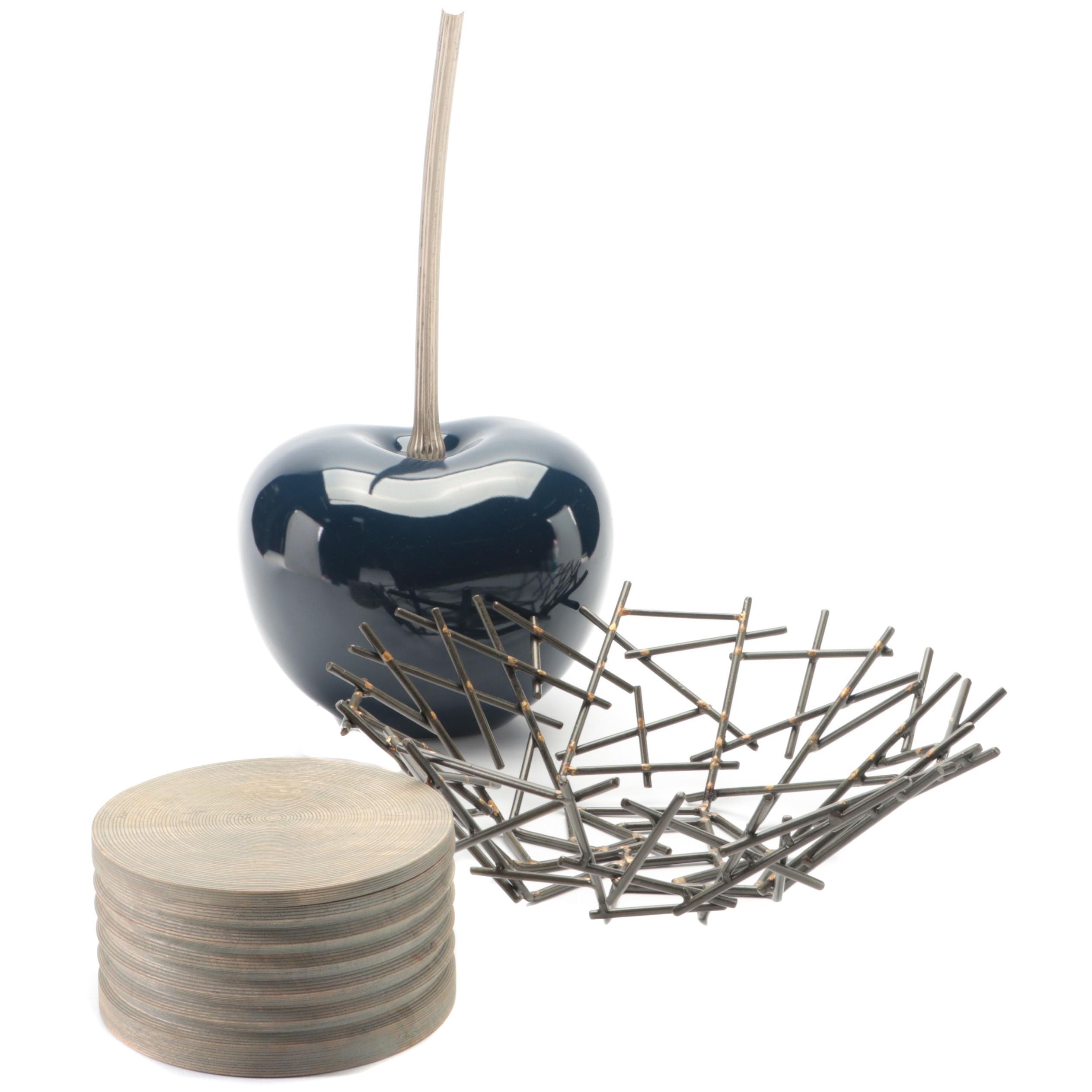 Twig Form Metal Centerpiece Bowl with Turned Wood Box and Resin Cherry