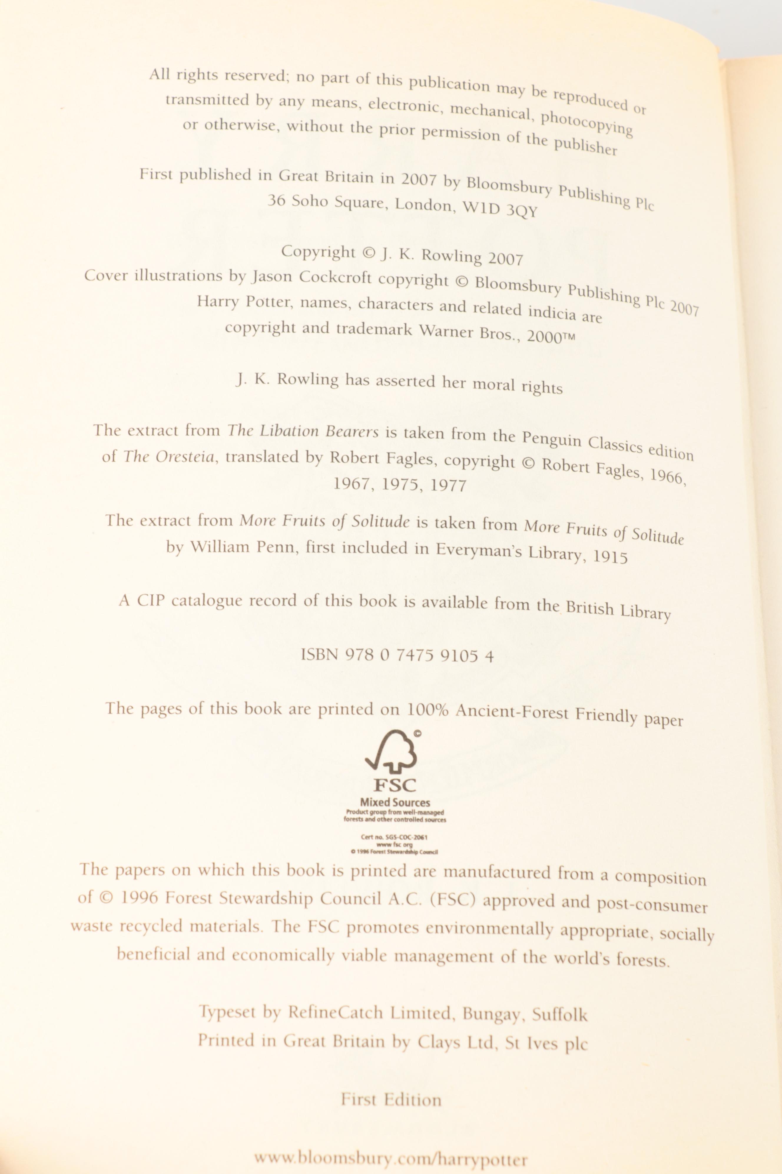 First UK Edition "Harry Potter and the Deathly Hallows" by J. K. Rowling, 2007