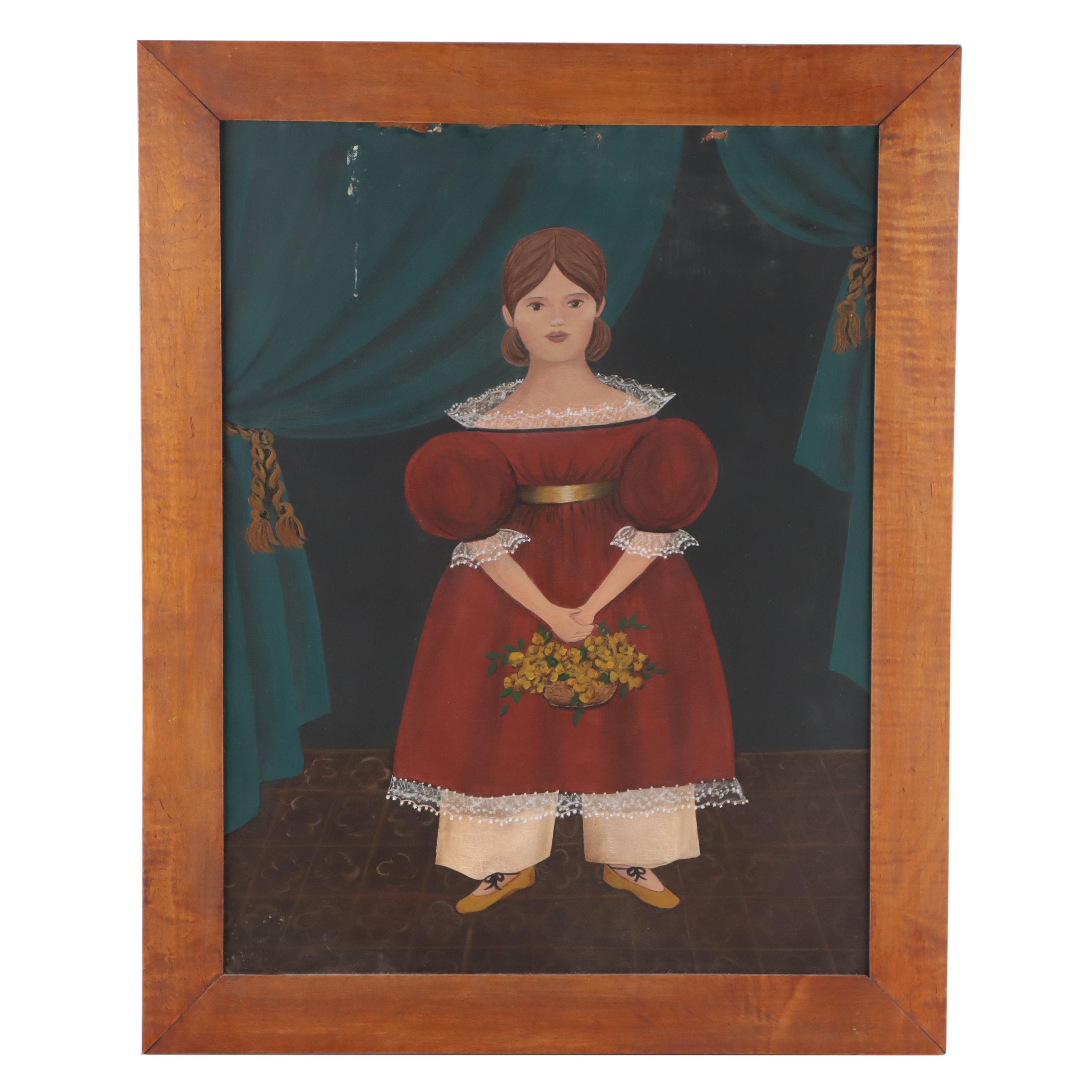 Folk Art Portrait Oil Painting of a Girl with a Flower Basket