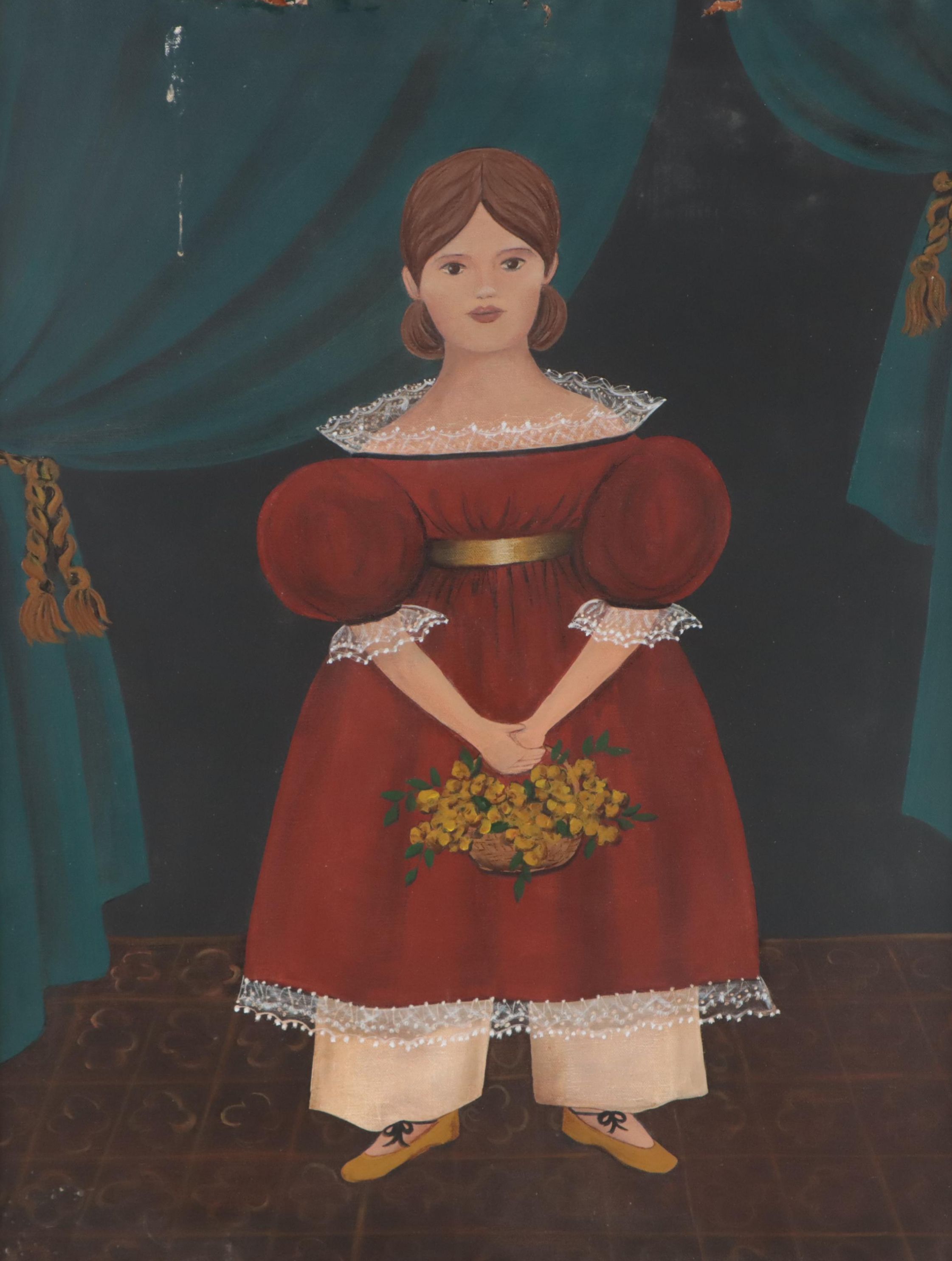 Folk Art Portrait Oil Painting of a Girl with a Flower Basket
