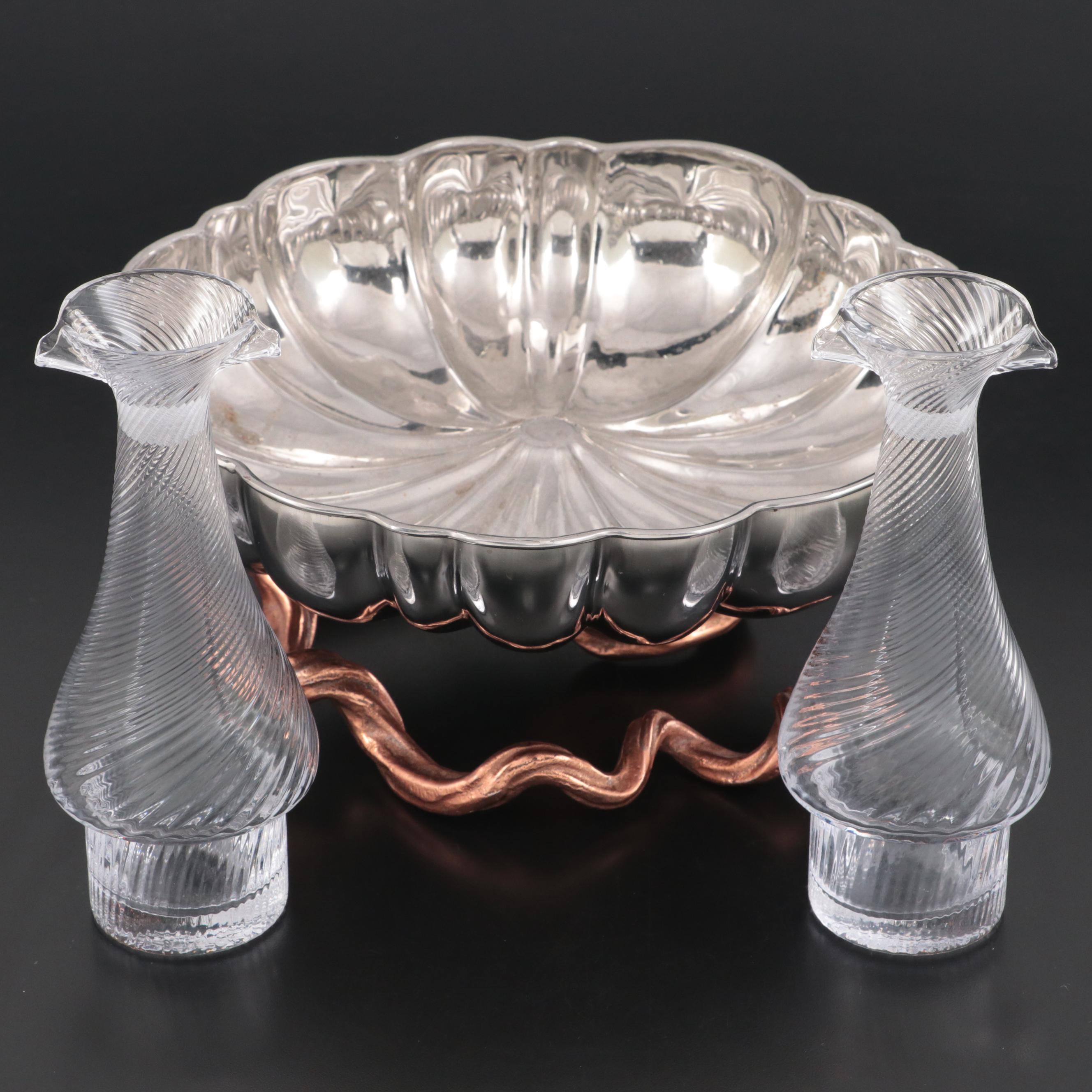 Metal and Copper Finish Pumpkin Dish with Threaded Blown Glass Cruets