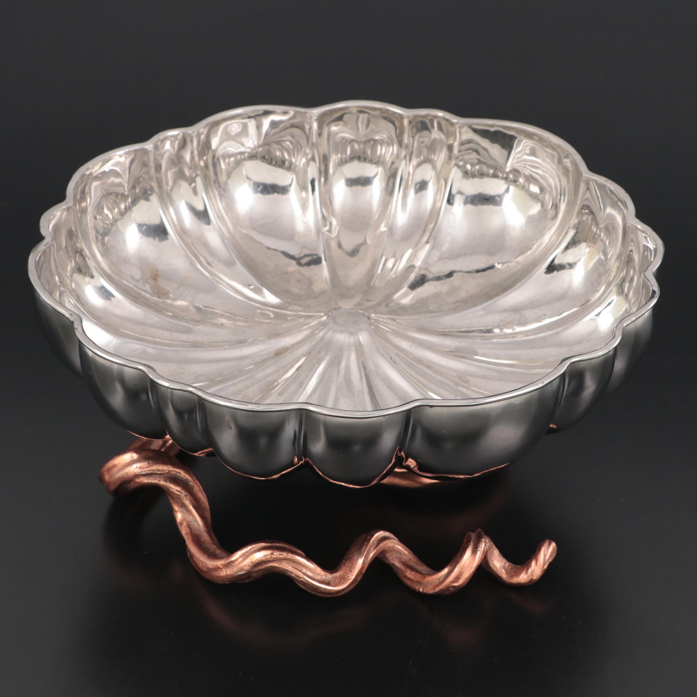Metal and Copper Finish Pumpkin Dish with Threaded Blown Glass Cruets