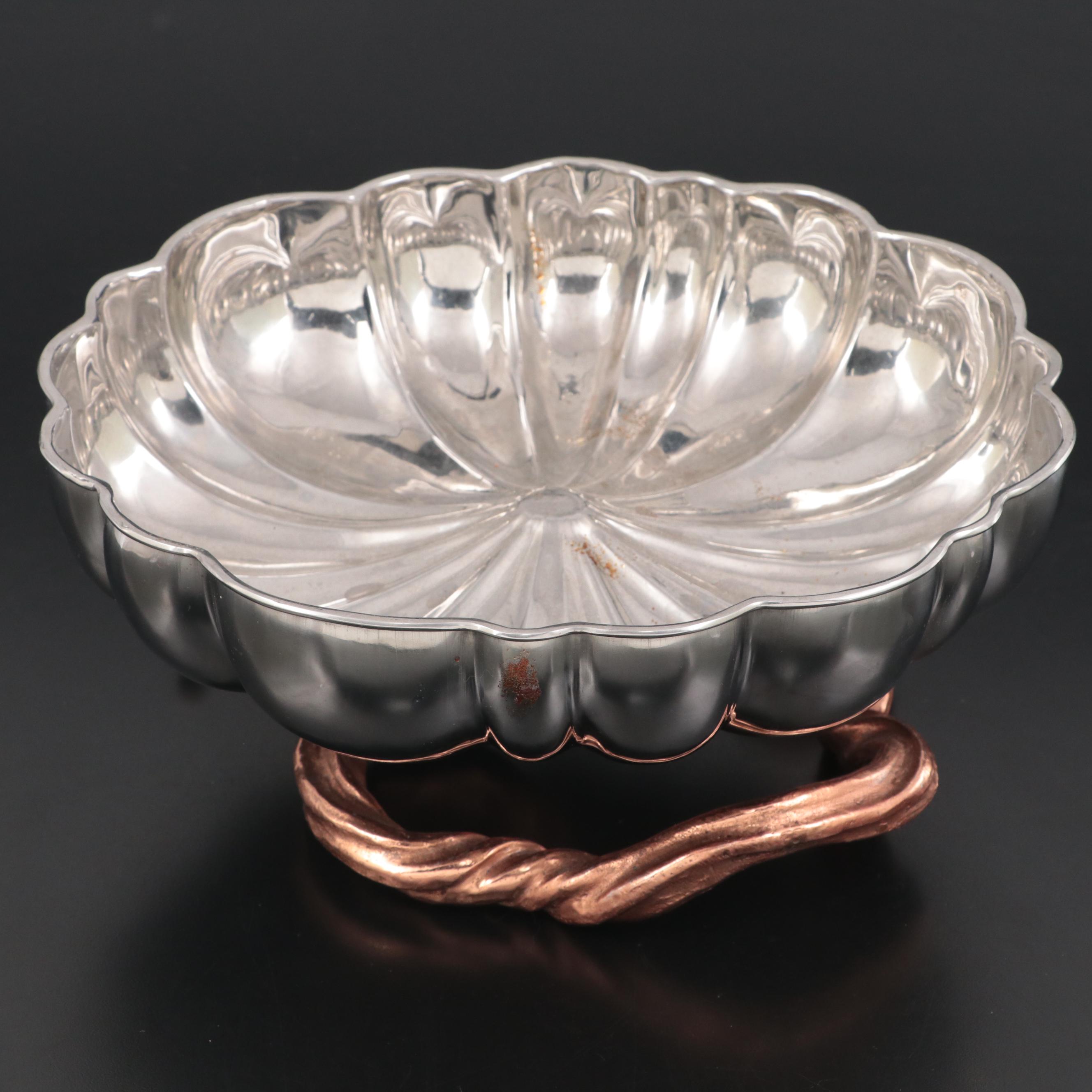 Metal and Copper Finish Pumpkin Dish with Threaded Blown Glass Cruets