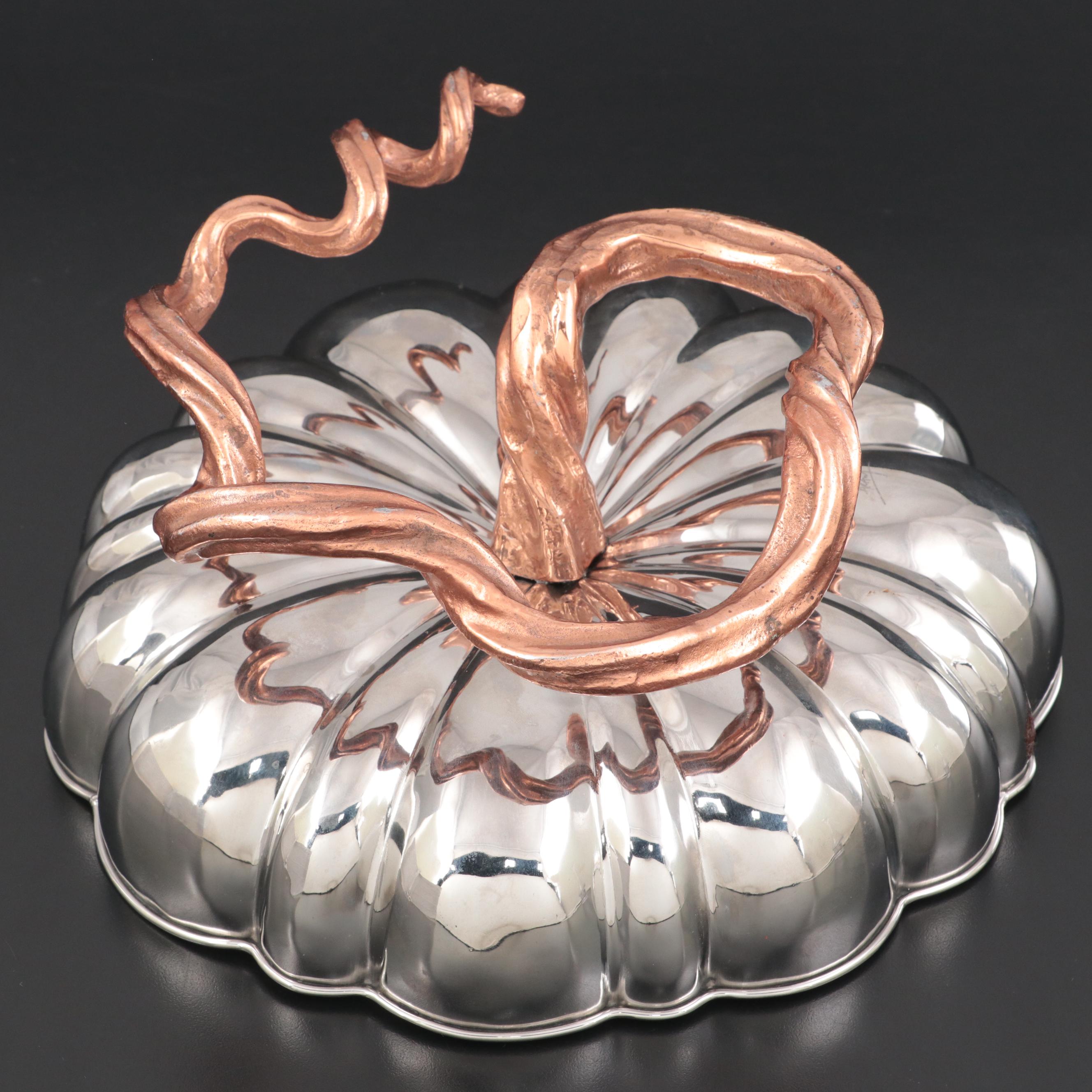 Metal and Copper Finish Pumpkin Dish with Threaded Blown Glass Cruets