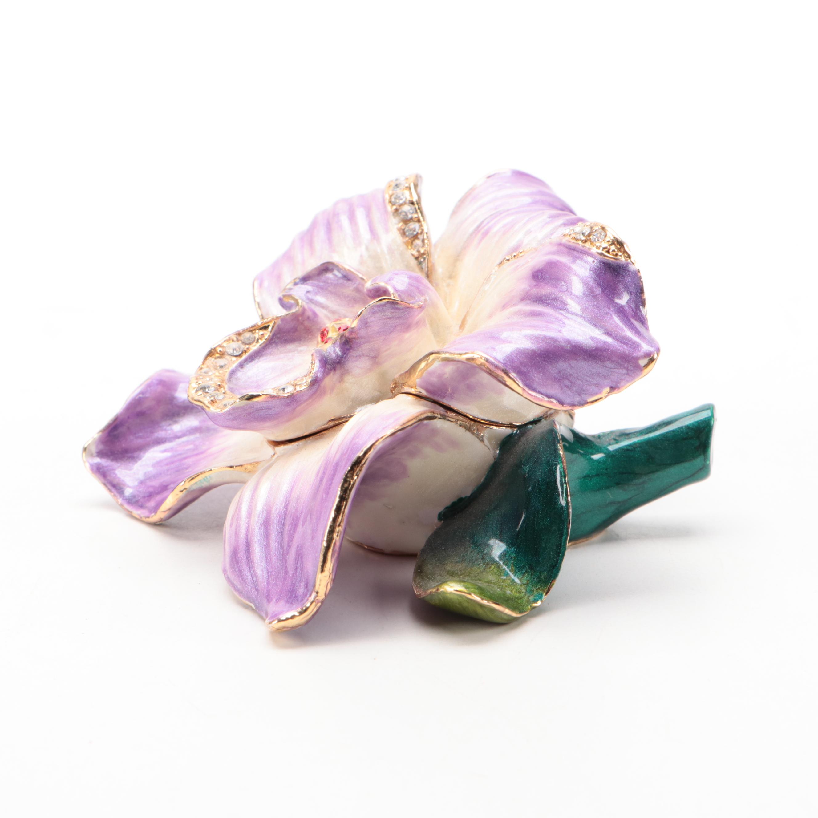 Rhinestone Embellished Enameled Metal Iris Trinket Box