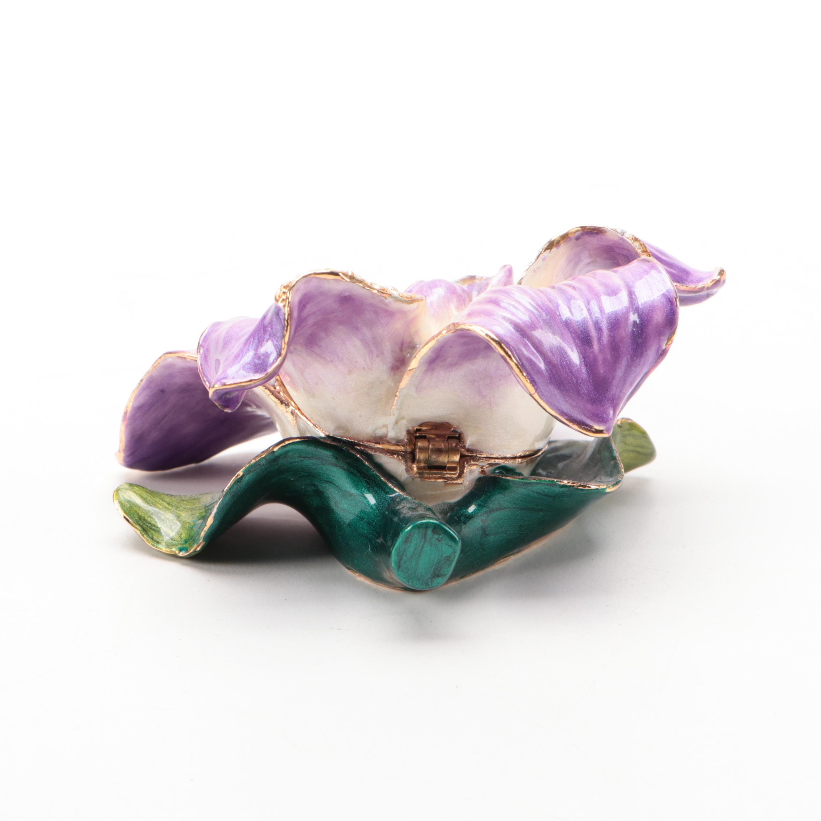 Rhinestone Embellished Enameled Metal Iris Trinket Box