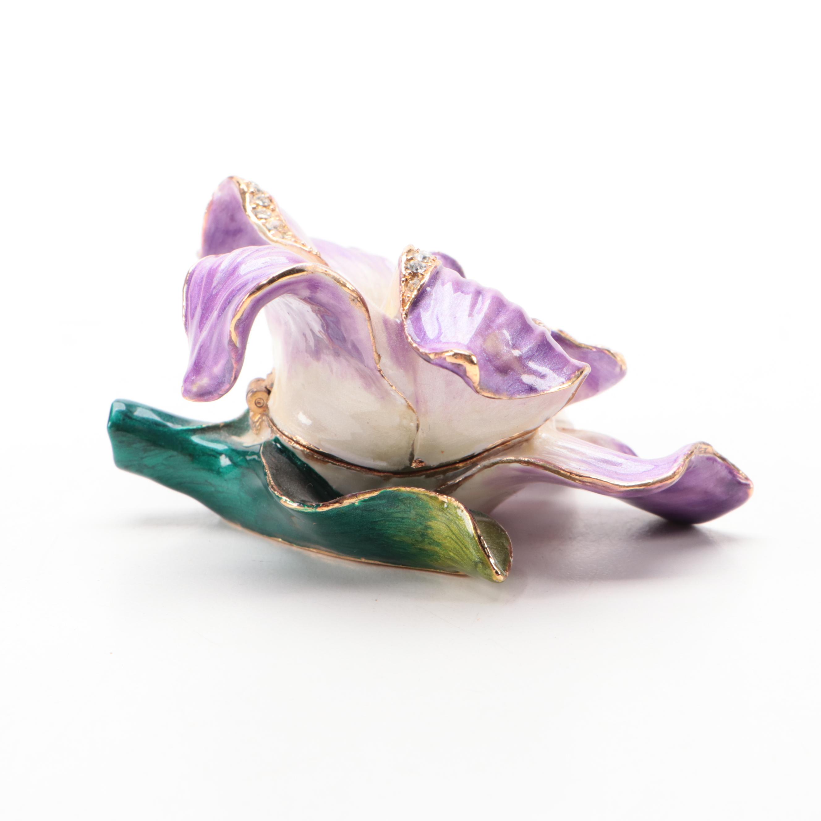 Rhinestone Embellished Enameled Metal Iris Trinket Box