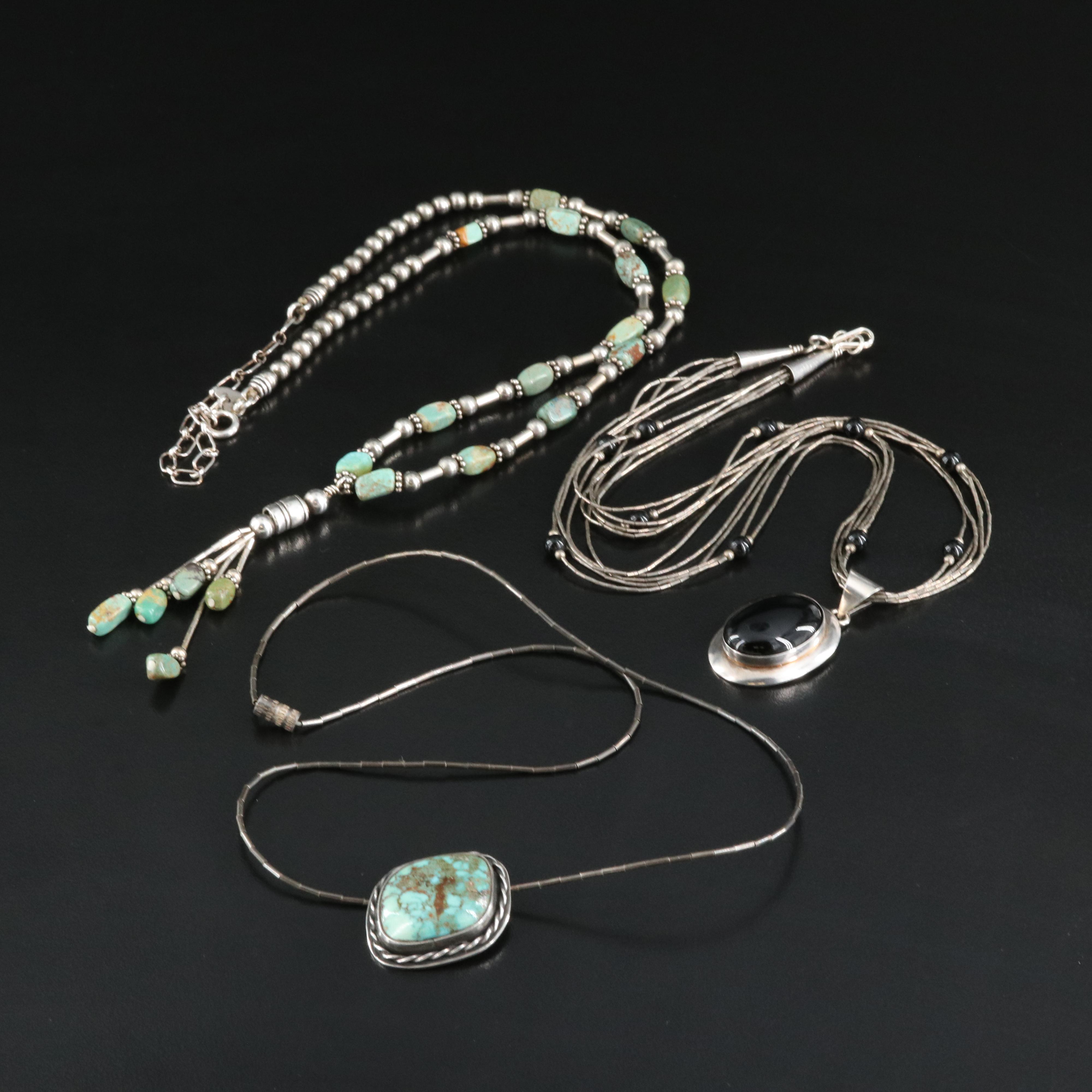 Liquid Silver Necklaces Including Turquoise and Black Onyx