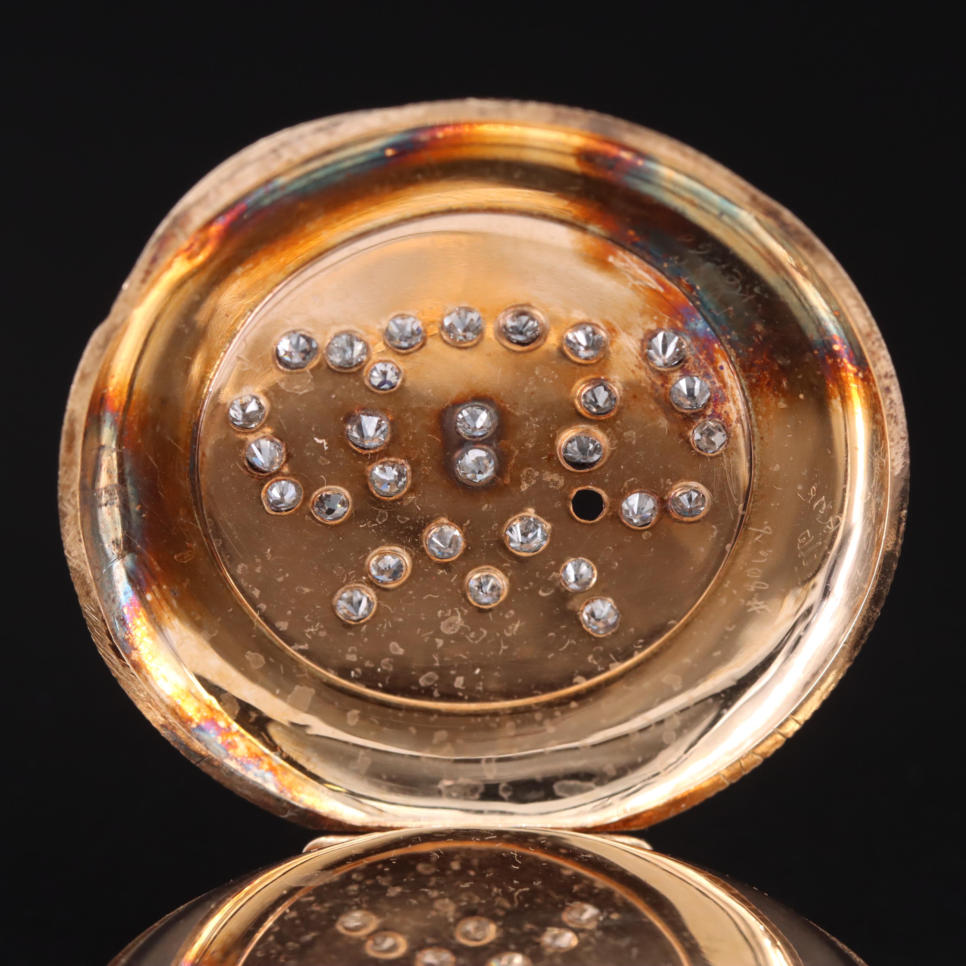 14K Waltham Diamond Pocket Watch Pin Conversion Timepiece