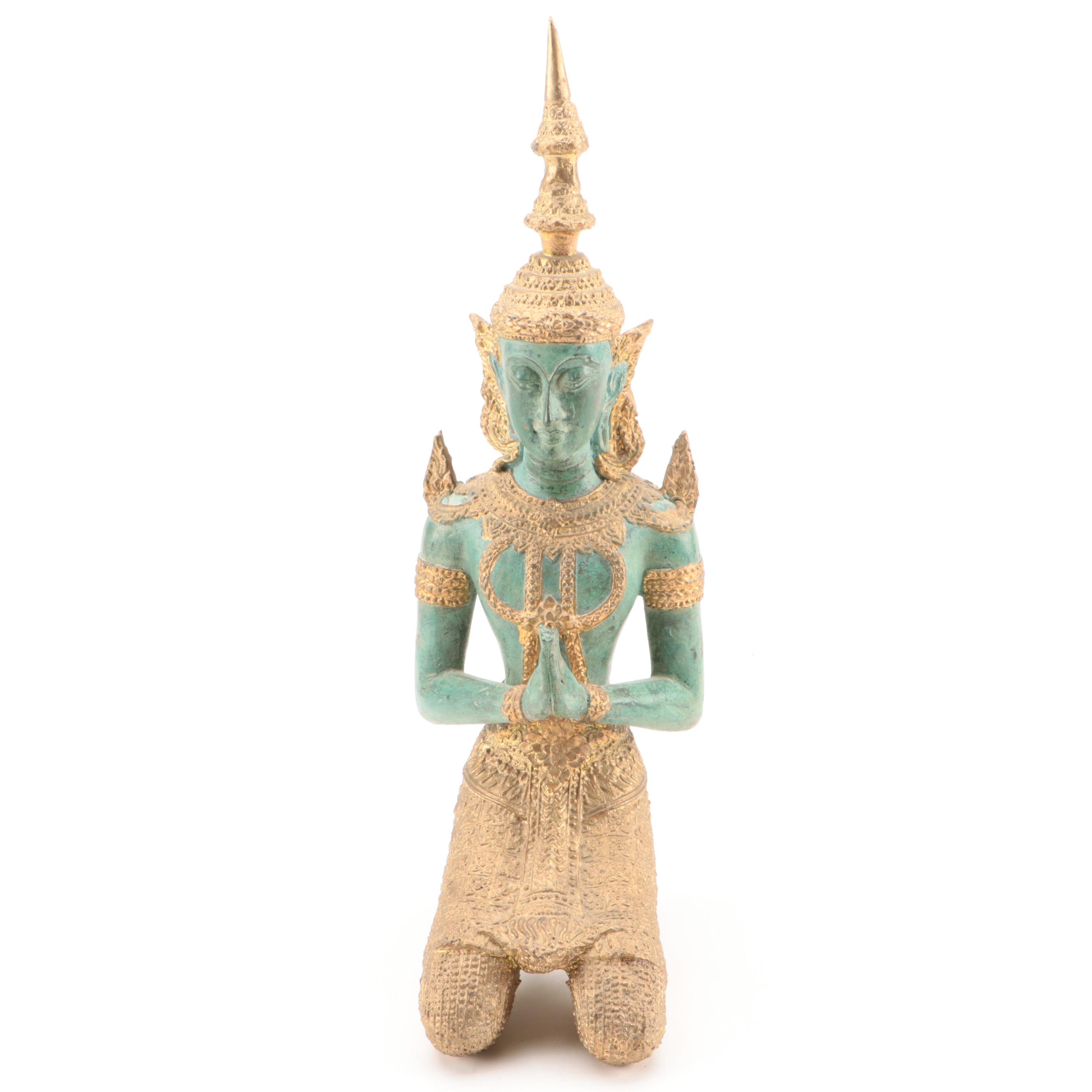 Thai Thepphanom Deity in Namaskara Mudra Gilt and Patinated Bronze Figure