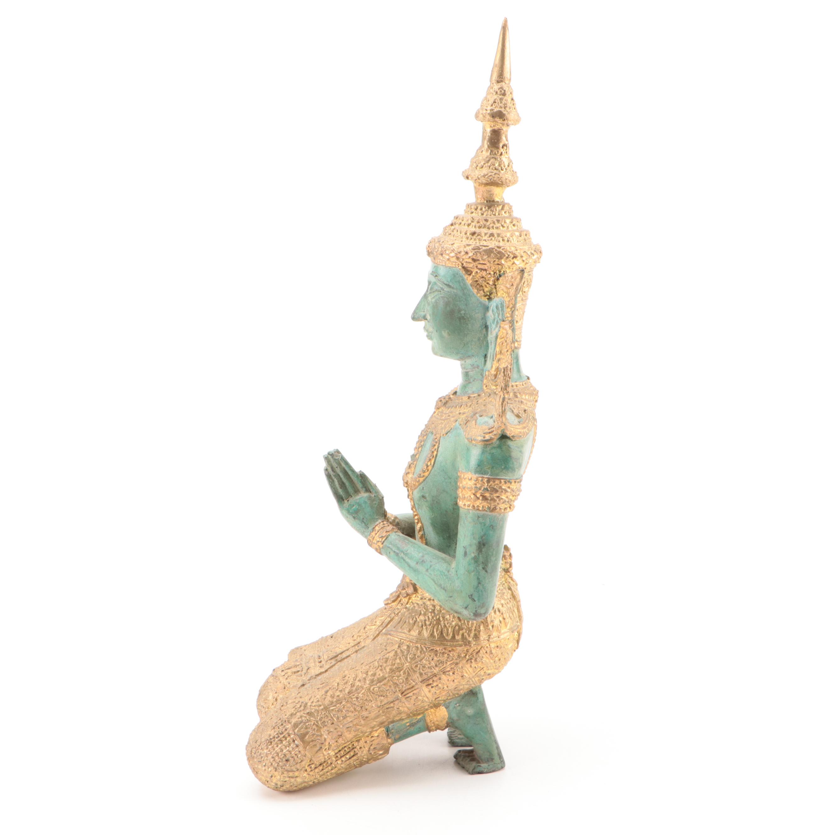 Thai Thepphanom Deity in Namaskara Mudra Gilt and Patinated Bronze Figure
