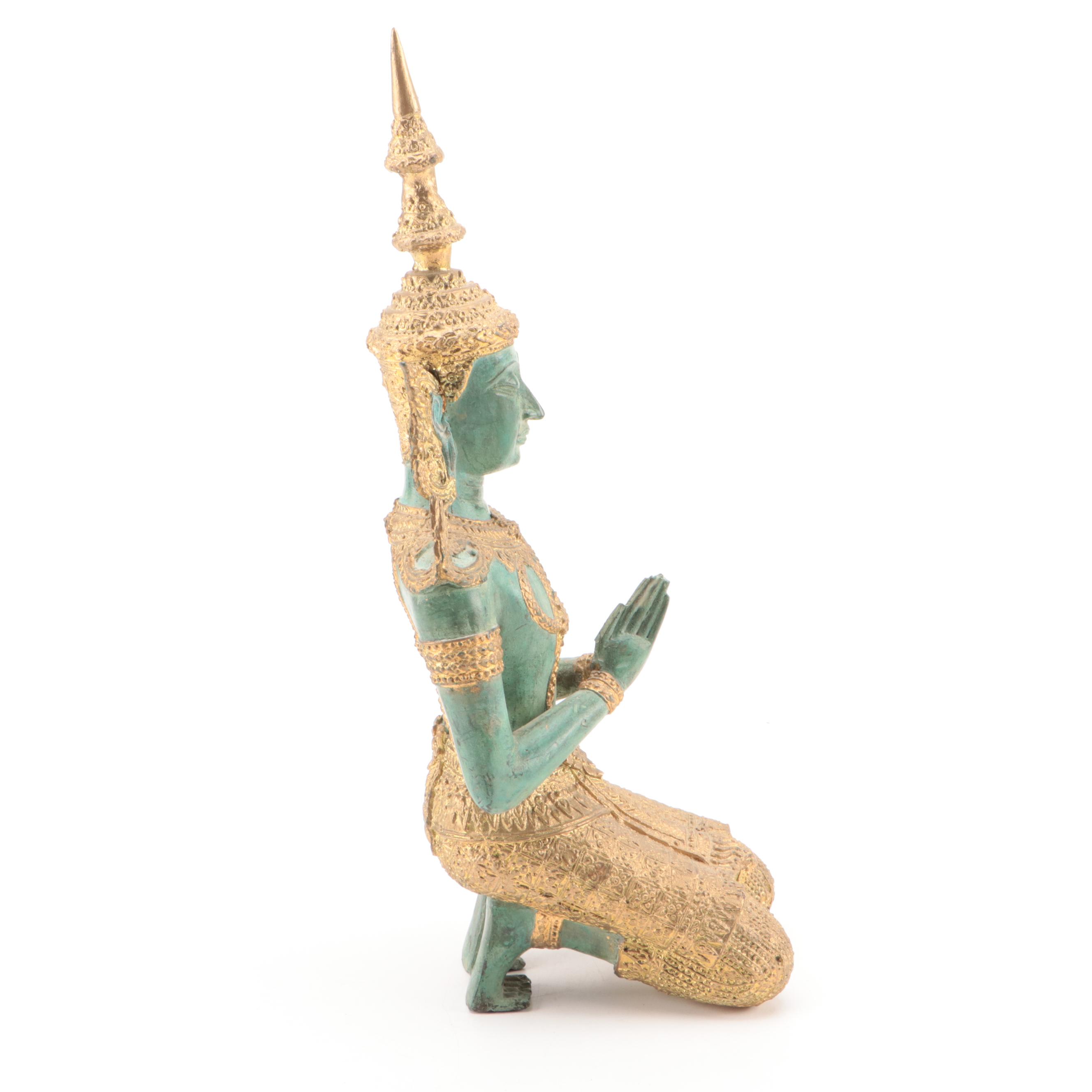 Thai Thepphanom Deity in Namaskara Mudra Gilt and Patinated Bronze Figure