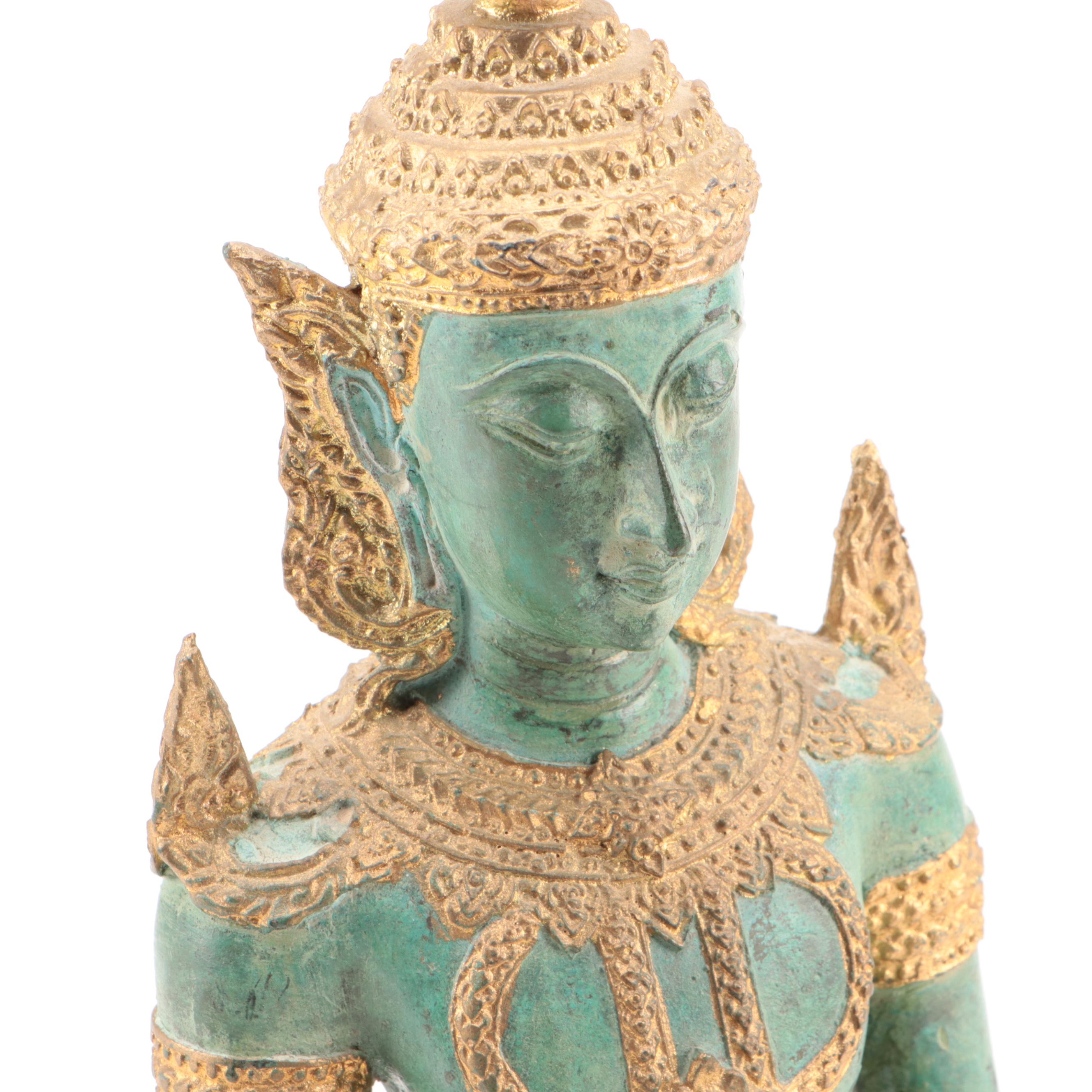 Thai Thepphanom Deity in Namaskara Mudra Gilt and Patinated Bronze Figure