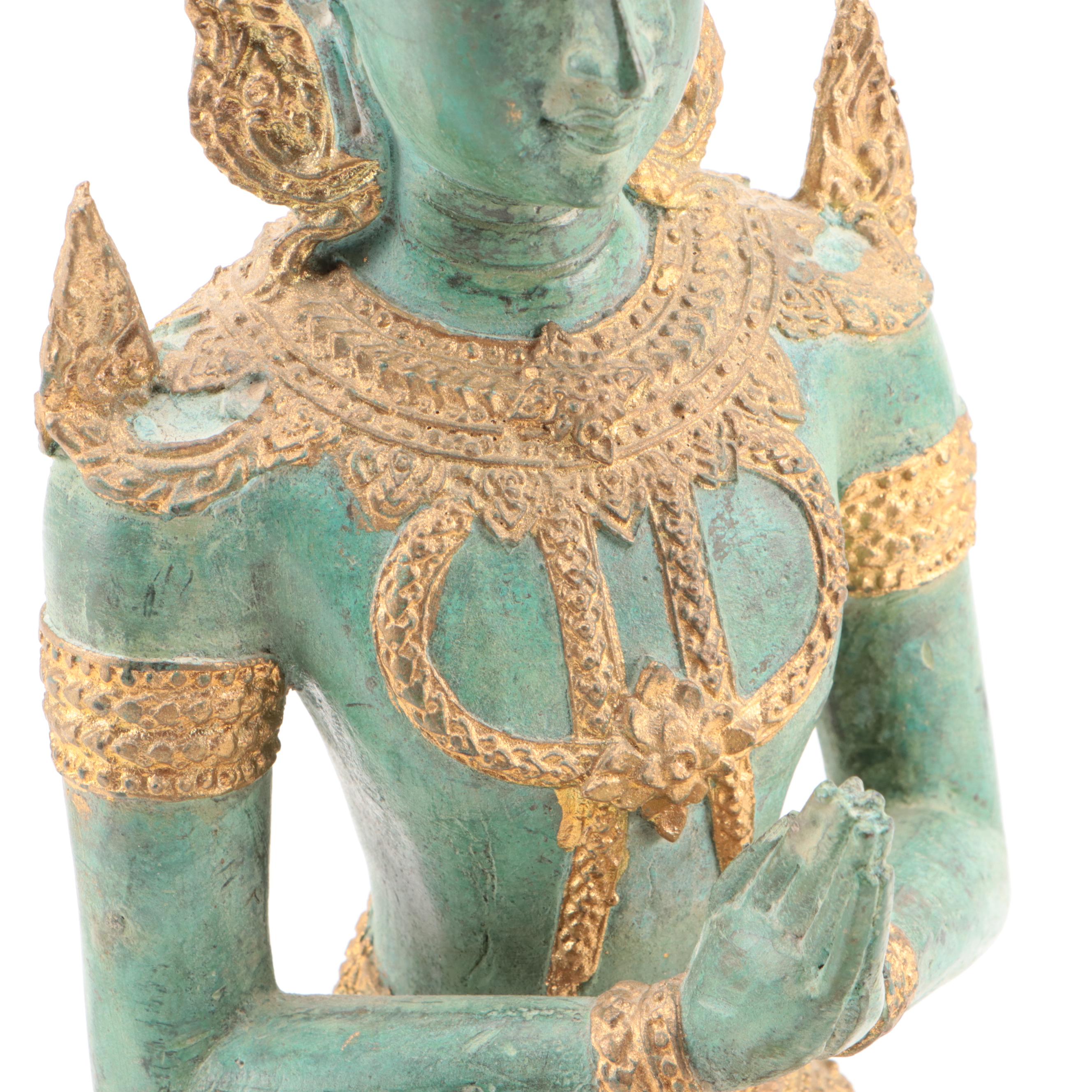 Thai Thepphanom Deity in Namaskara Mudra Gilt and Patinated Bronze Figure