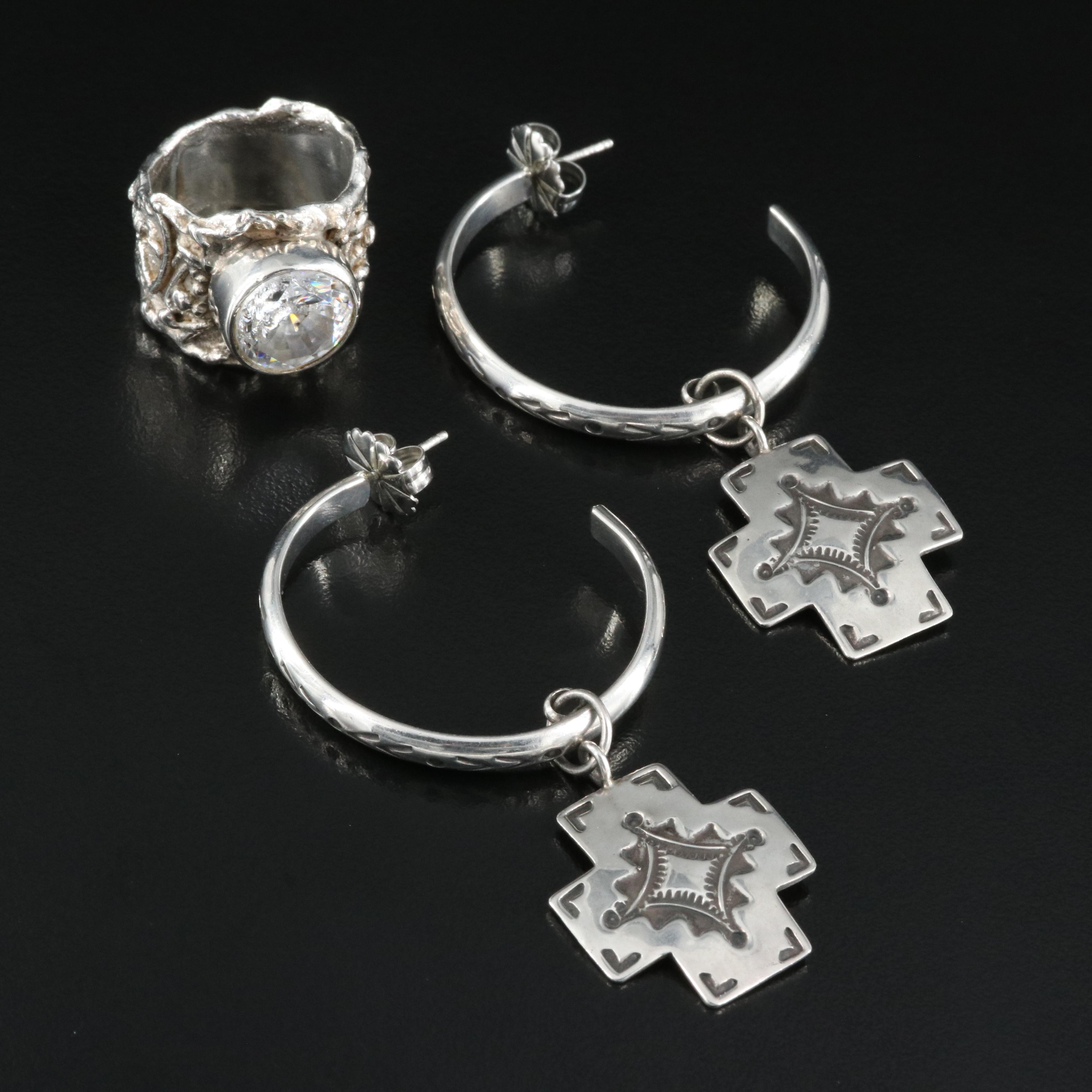 Raymond Coriz Signed Hoop Earrings with Sterling Cubic Zirconia Ring