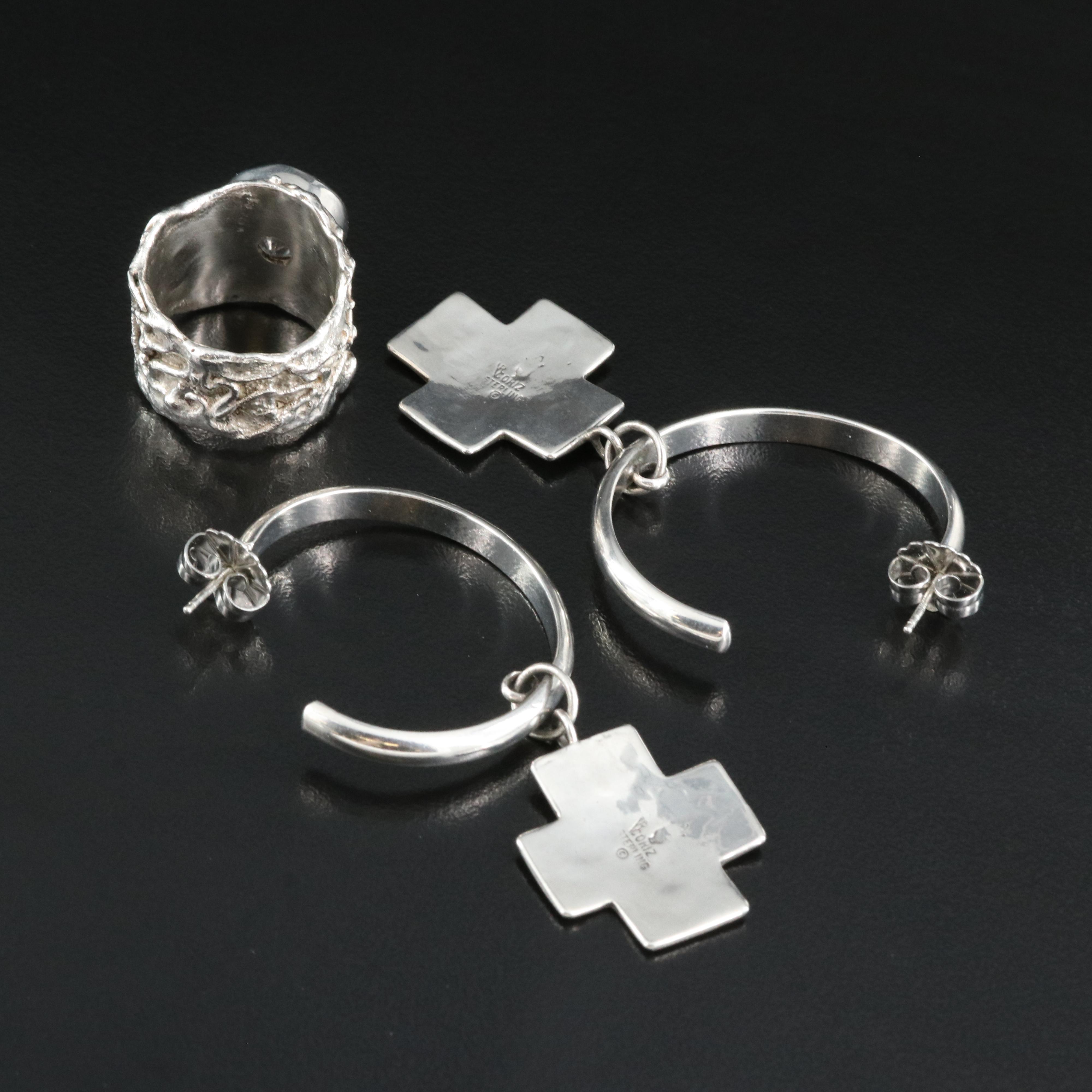 Raymond Coriz Signed Hoop Earrings with Sterling Cubic Zirconia Ring