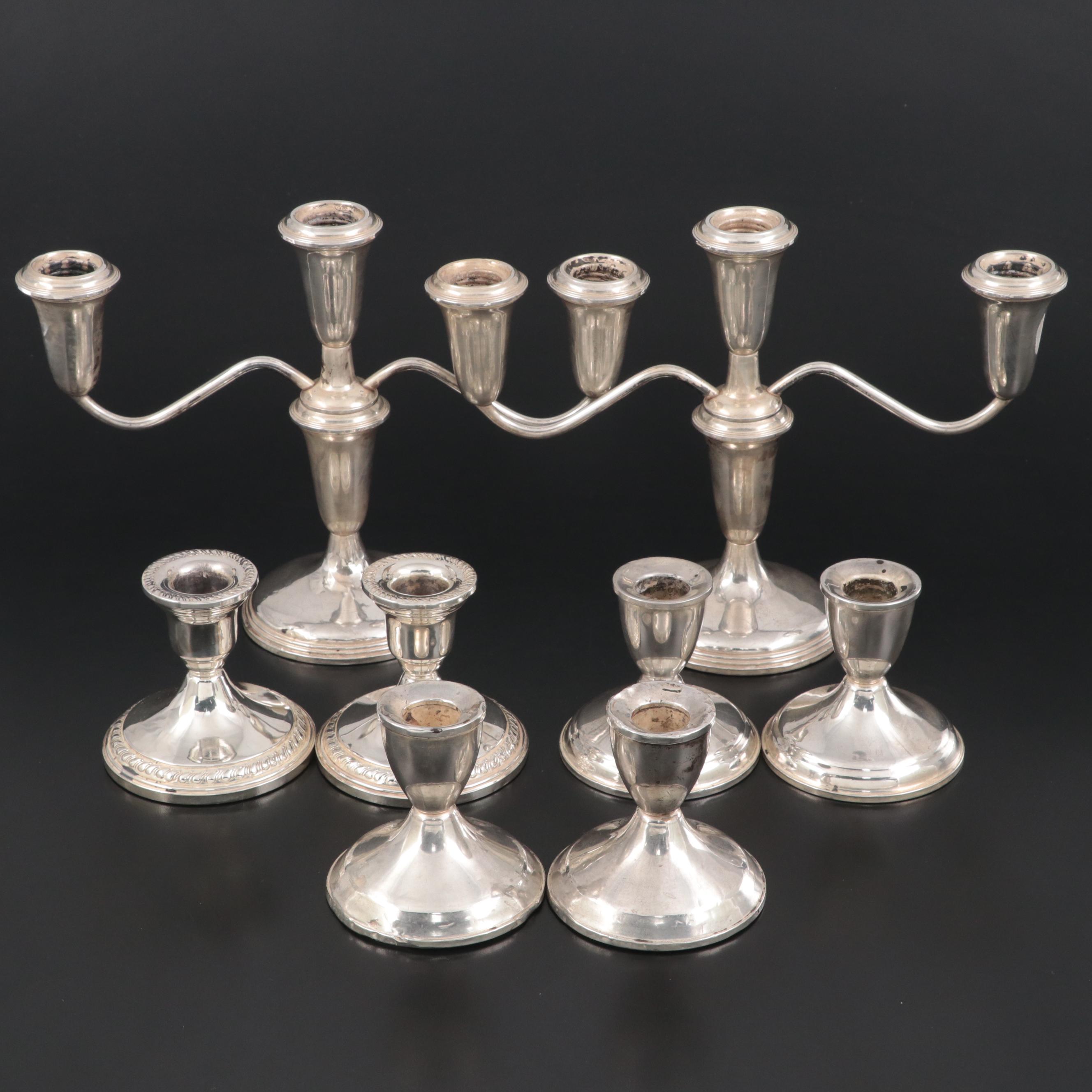 Weighted Sterling Empire Candelabra Pair with Columbia Candle Holders