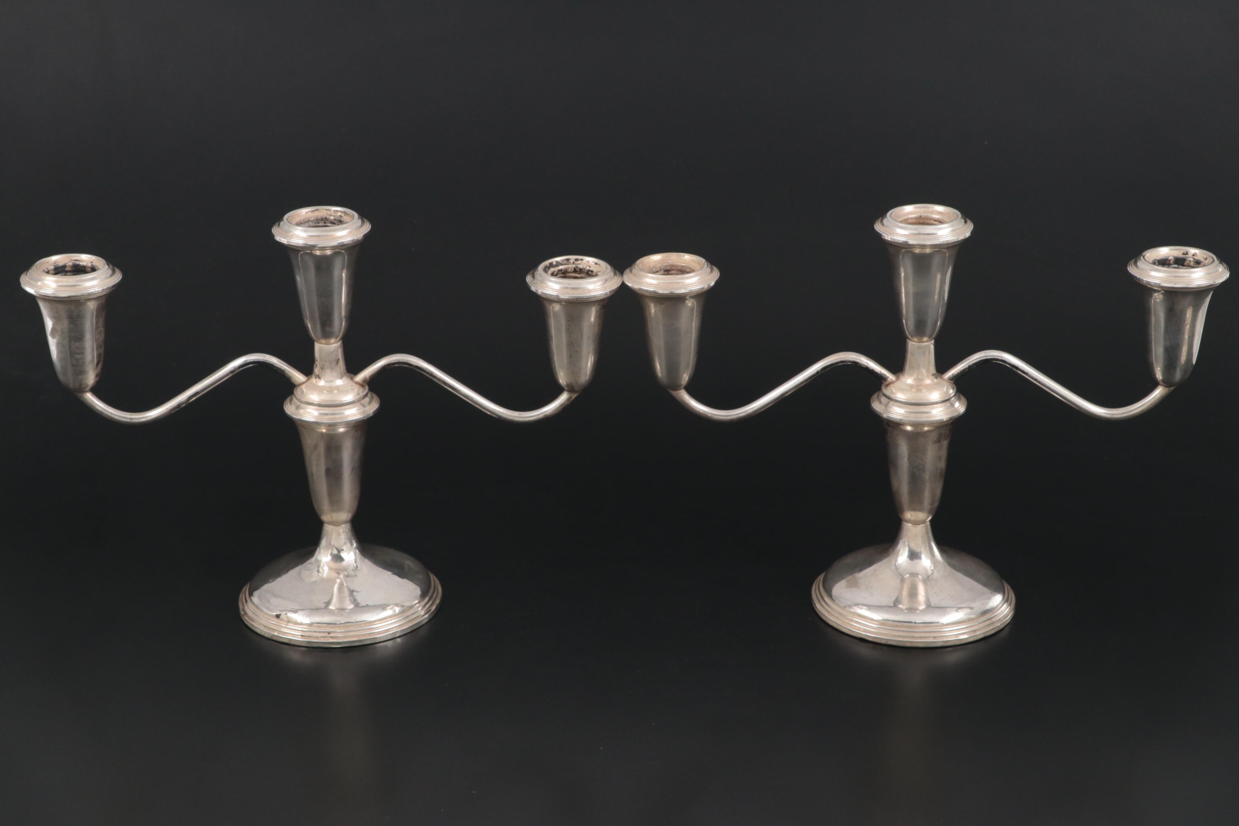 Weighted Sterling Empire Candelabra Pair with Columbia Candle Holders