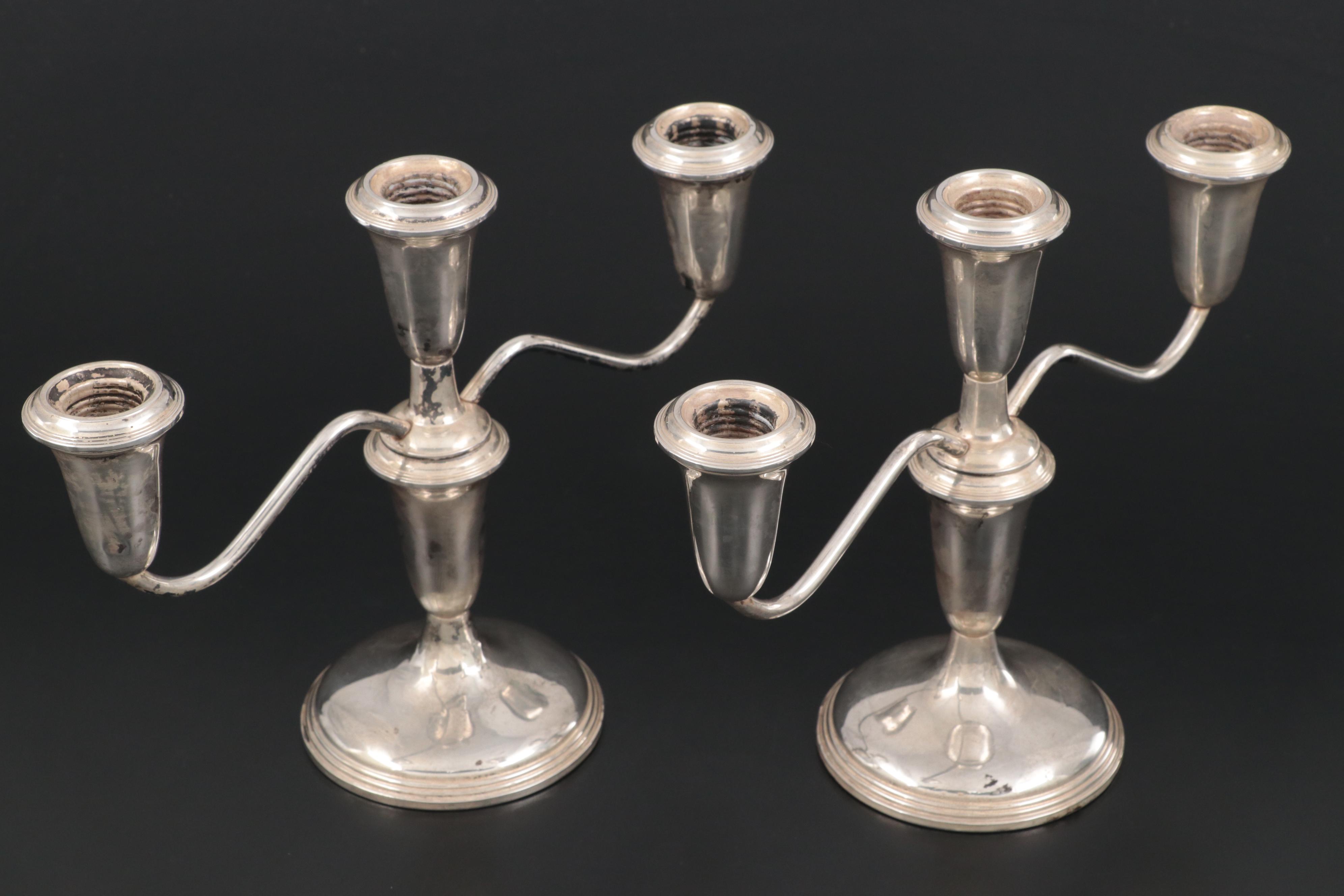 Weighted Sterling Empire Candelabra Pair with Columbia Candle Holders
